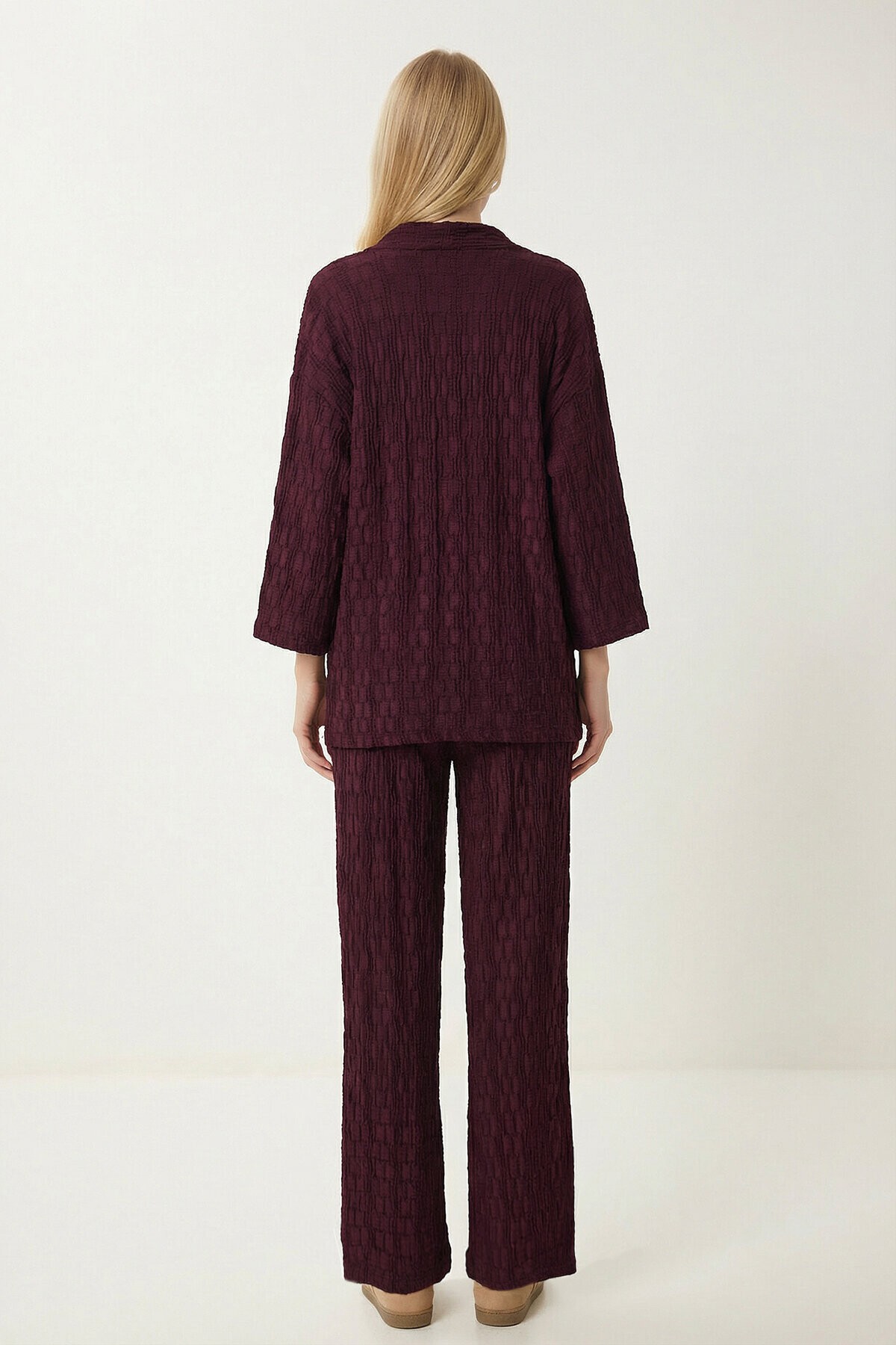Dokulu Oversize Örme Kimono Takım MÜRDÜM LBY0041