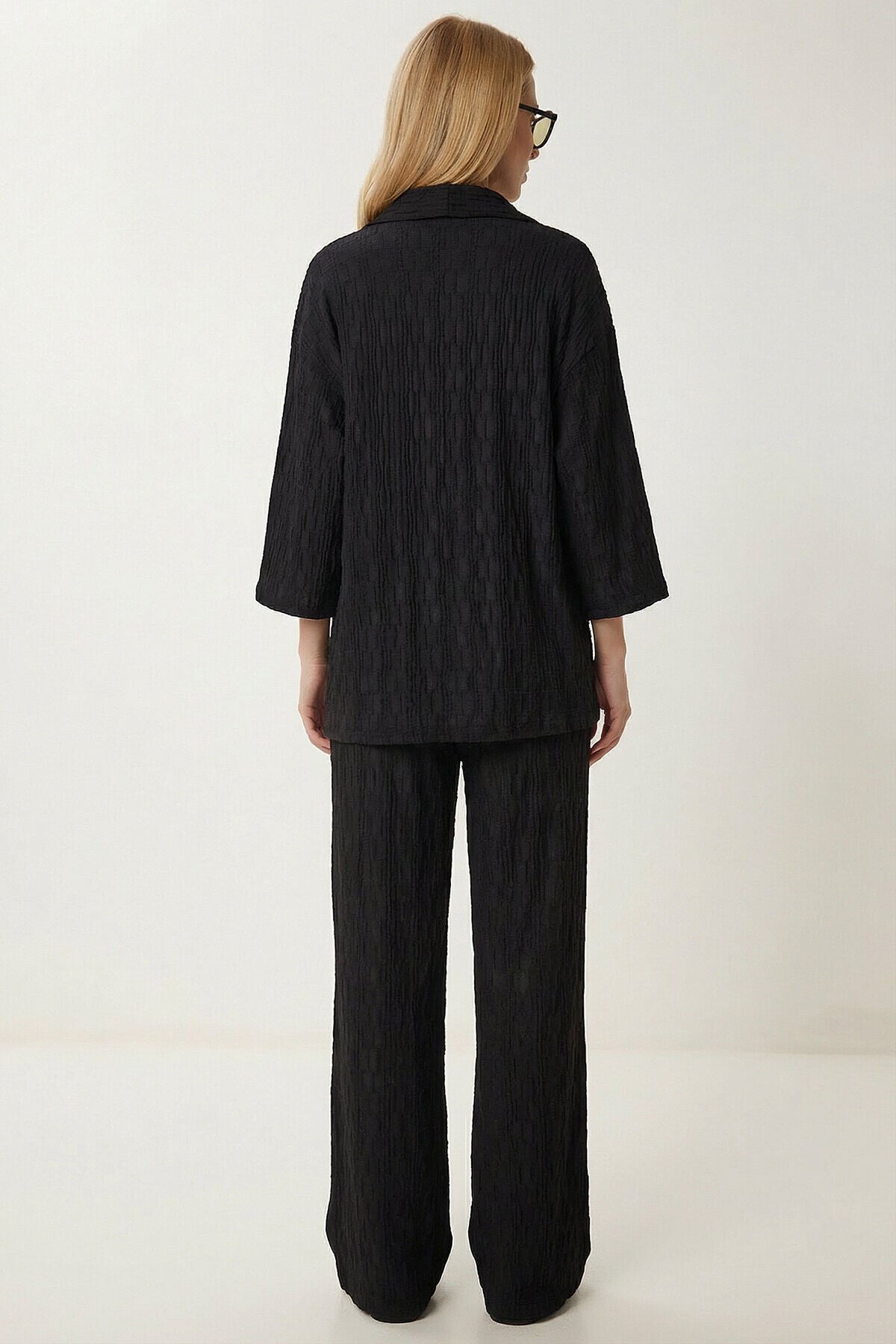 Dokulu Oversize Örme Kimono Takım SİYAH LBY0041