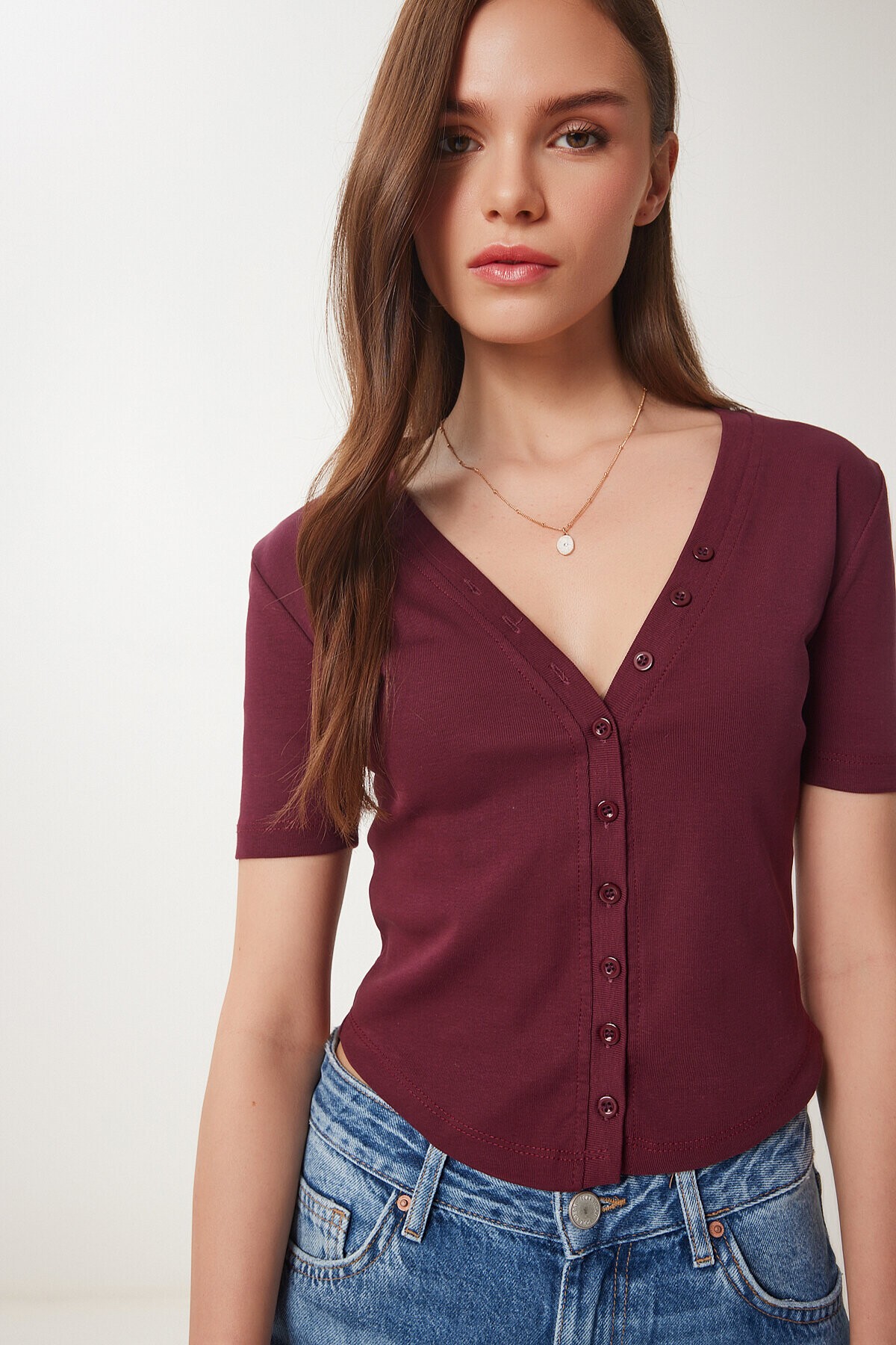 Düğmeli Basic Örme Bluz BORDO LCR0052