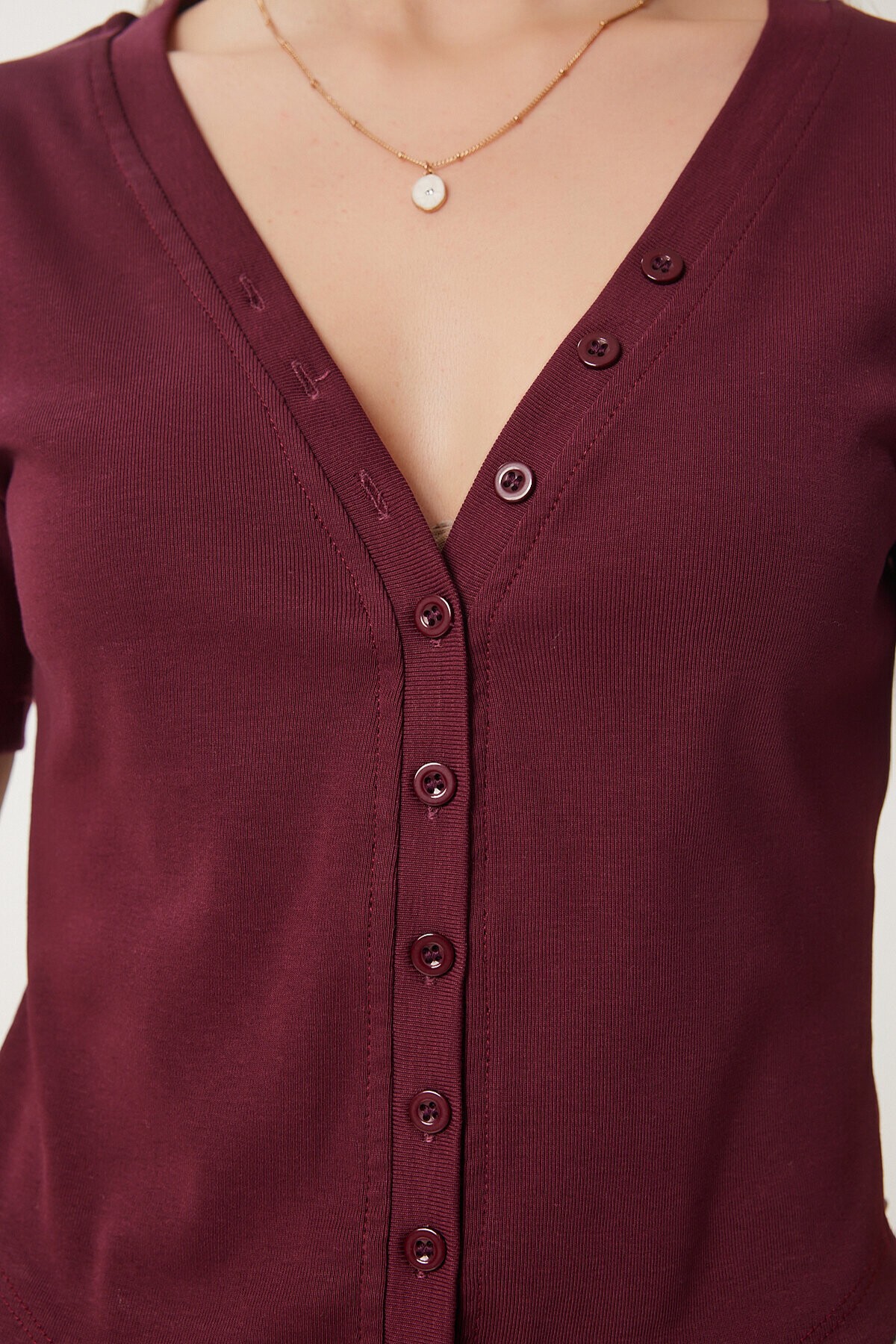 Düğmeli Basic Örme Bluz BORDO LCR0052