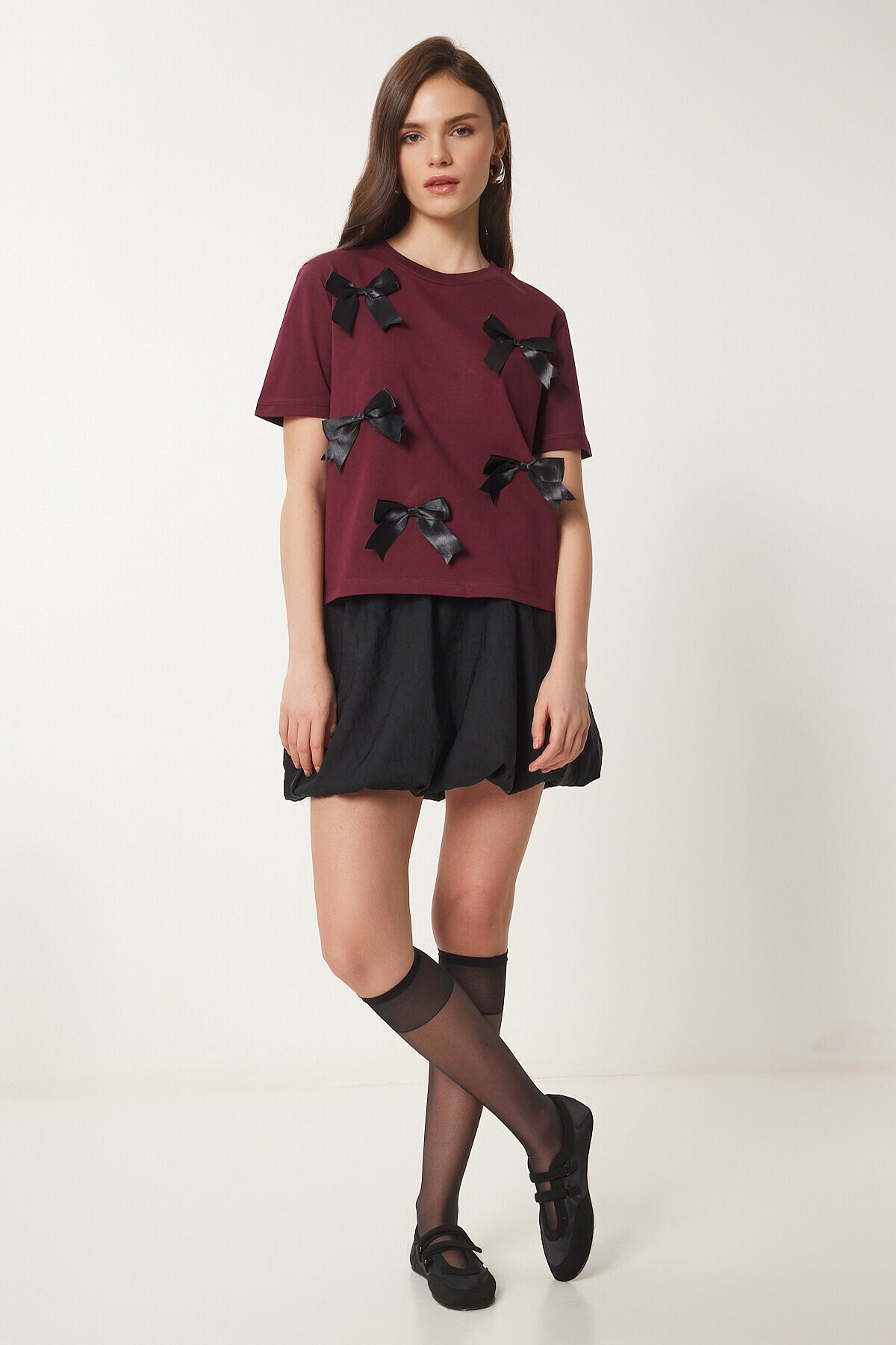 Fiyonklu Pamuklu Örme T-shirt BORDO LCR0028
