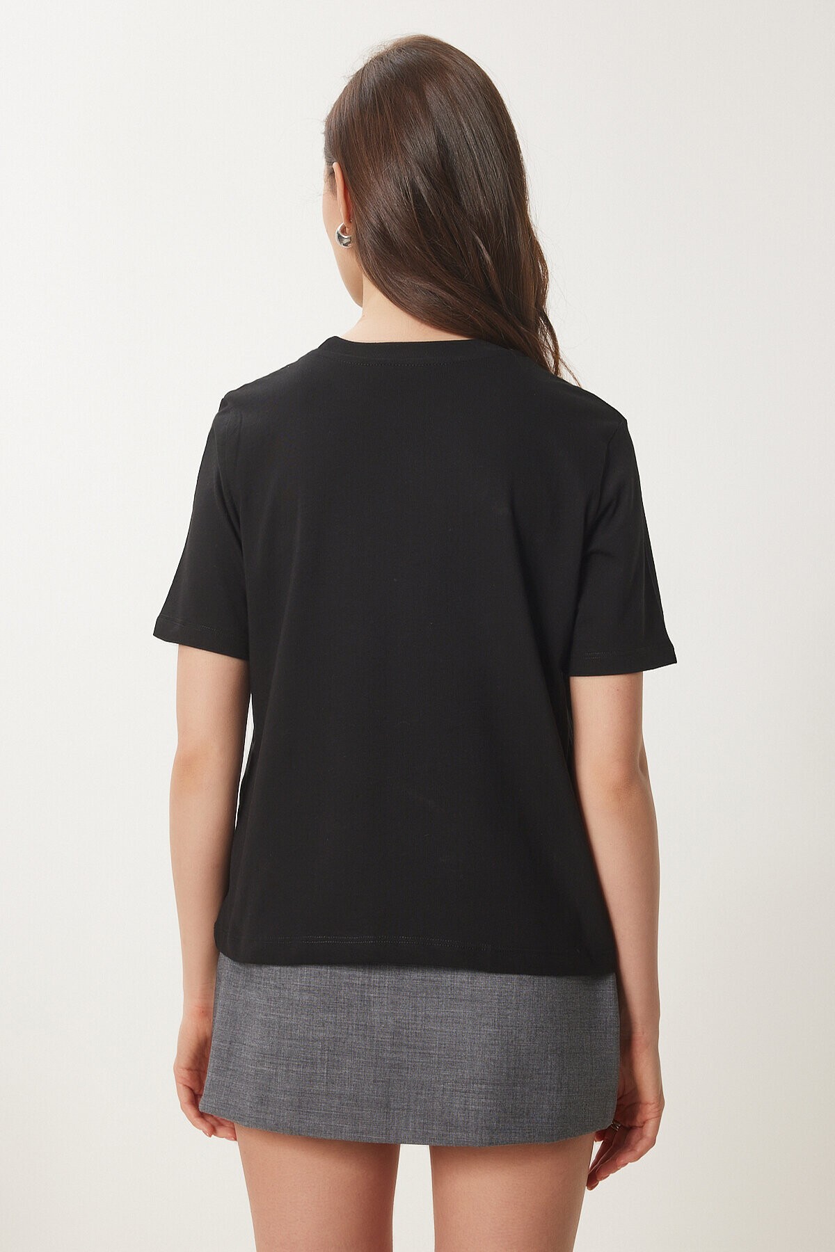 Fiyonklu Pamuklu Örme T-shirt SİYAH LCR0028