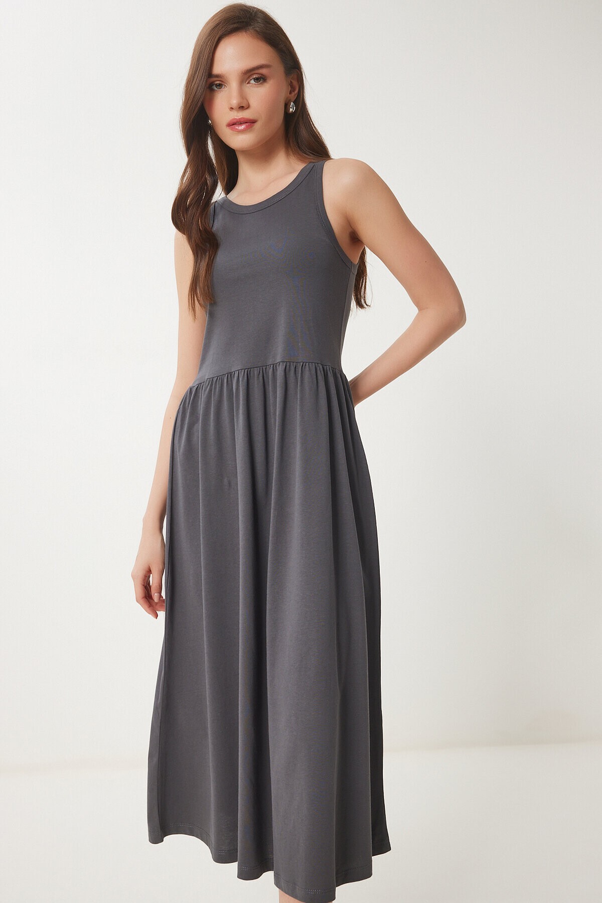 Halter Yaka Basic Yazlık Örme Elbise ANTRASİT LCR0053