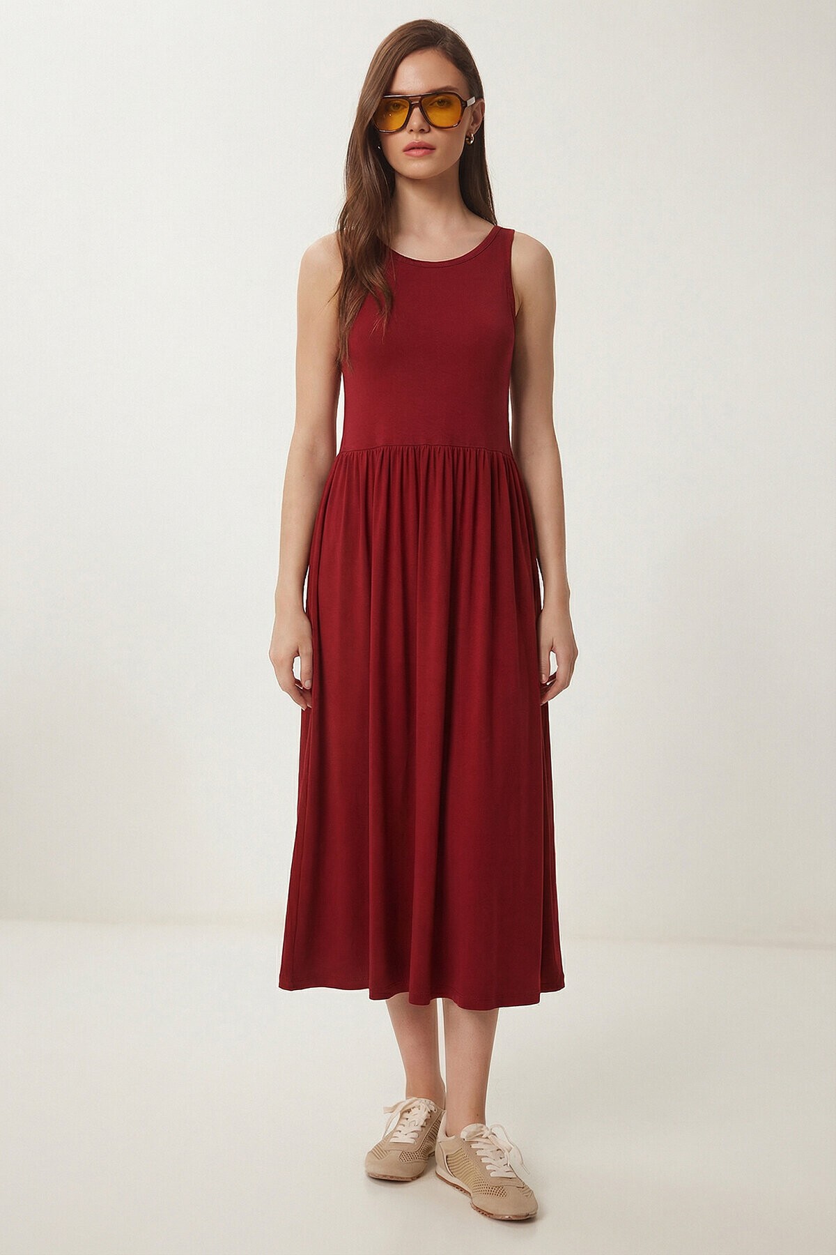 Halter Yaka Basic Yazlık Örme Elbise BORDO LCR0053