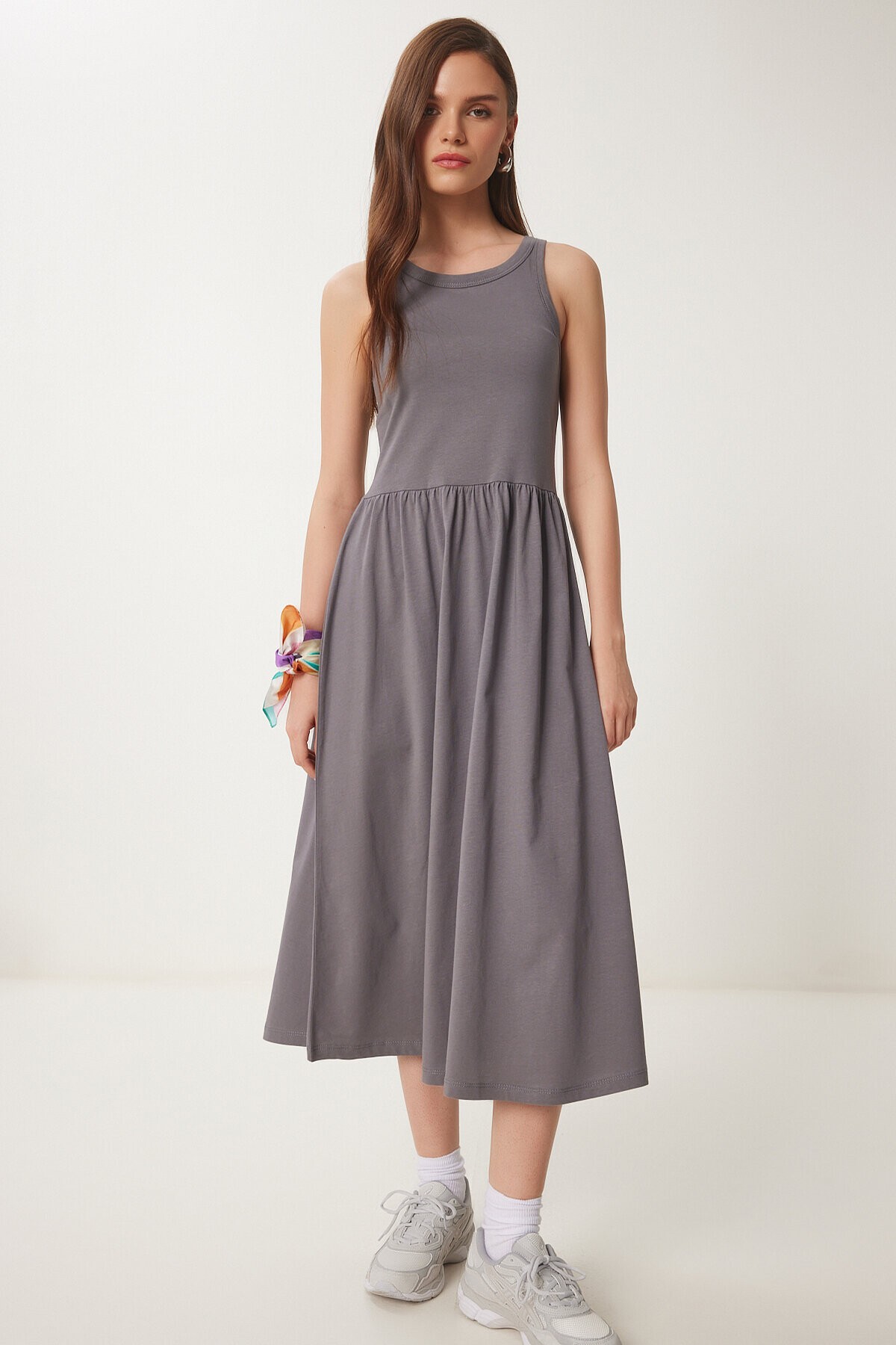 Halter Yaka Basic Yazlık Örme Elbise GRİ LCR0053