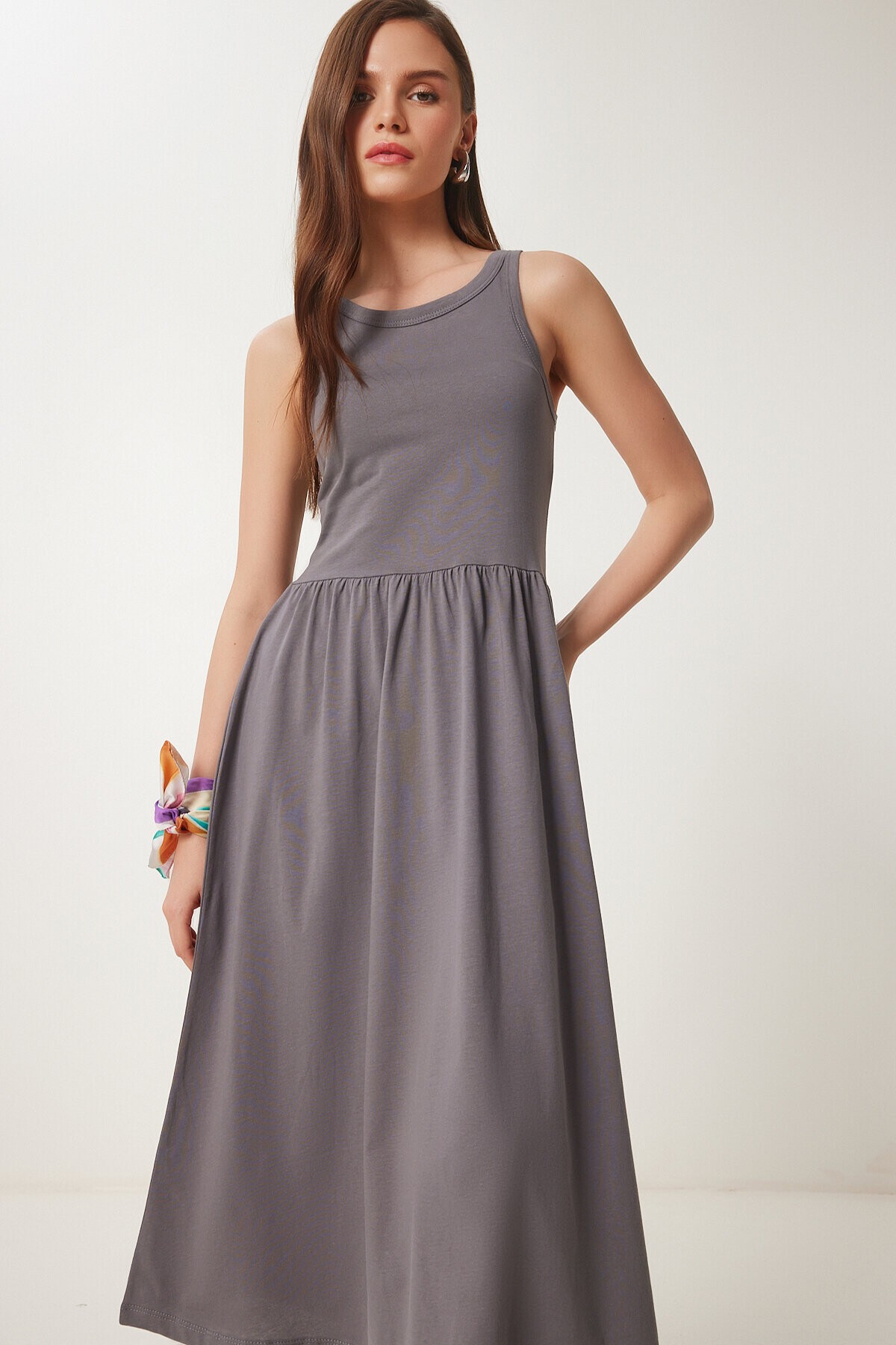 Halter Yaka Basic Yazlık Örme Elbise GRİ LCR0053