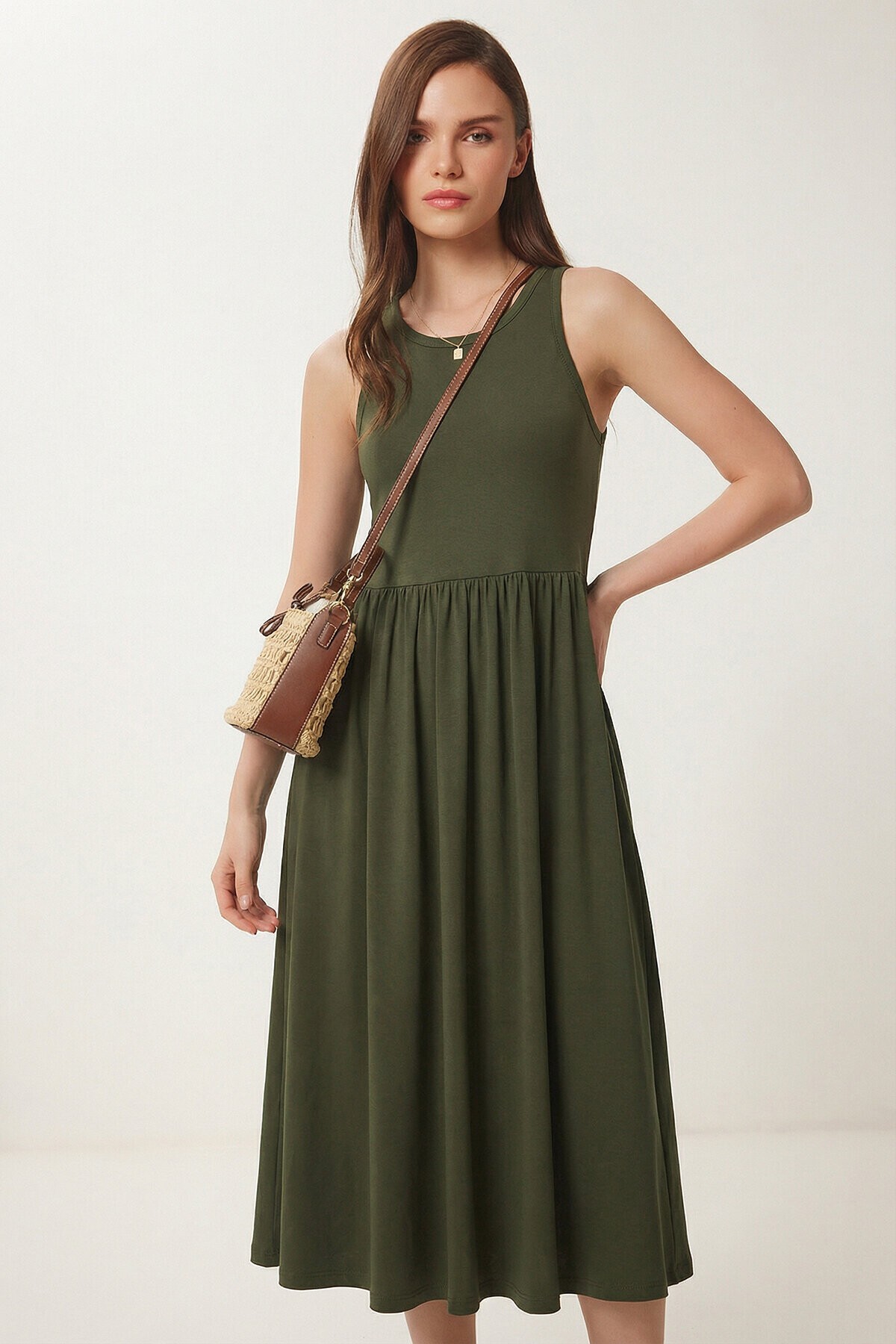 Halter Yaka Basic Yazlık Örme Elbise KOYU HAKİ LCR0053