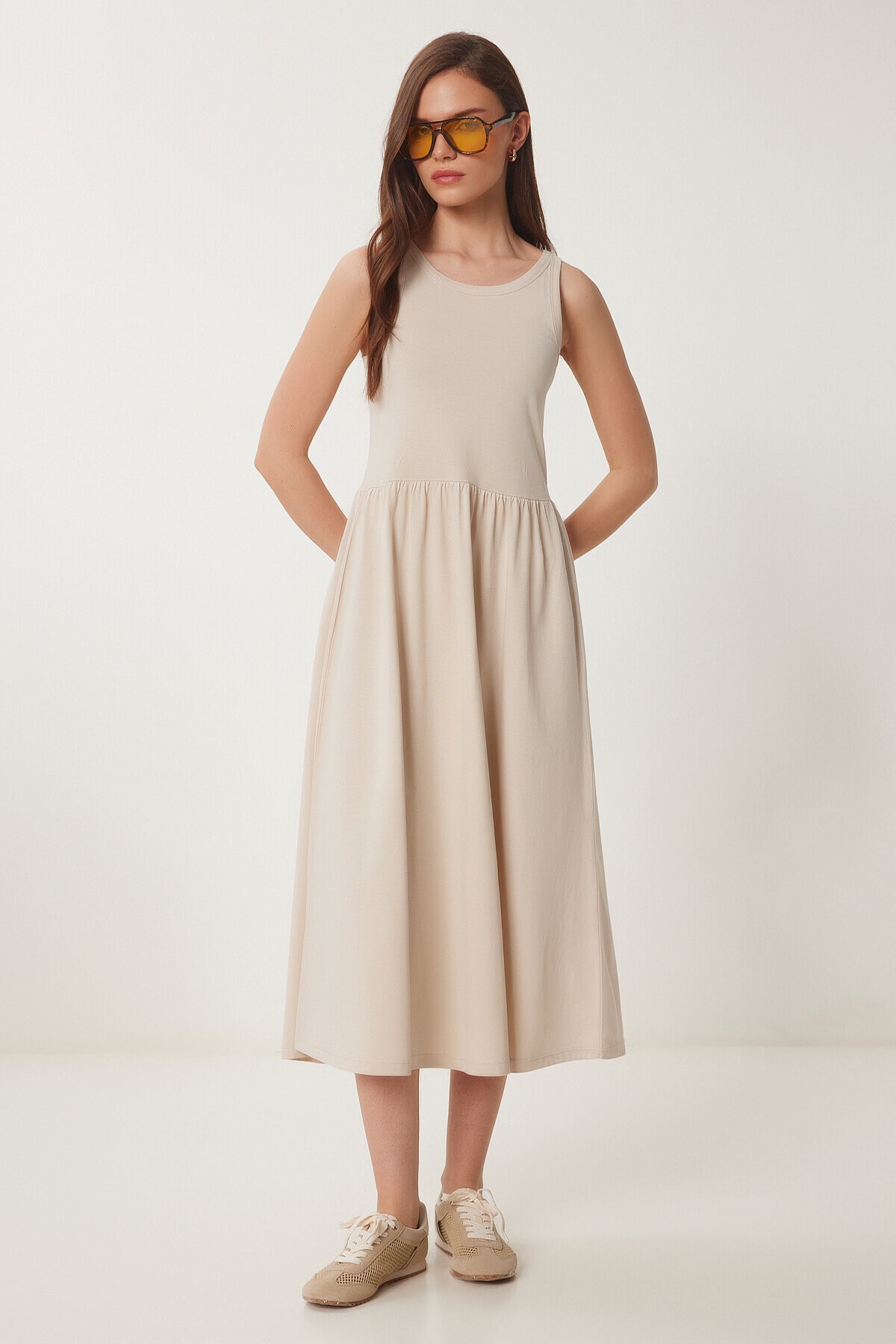 Halter Yaka Basic Yazlık Örme Elbise KREM LCR0053