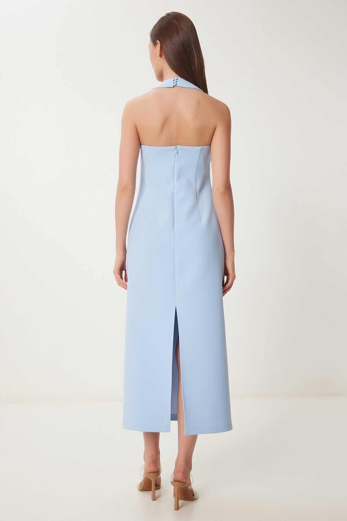 Halter Yaka Midi Dokuma Elbise GÖK MAVİ LFK0005