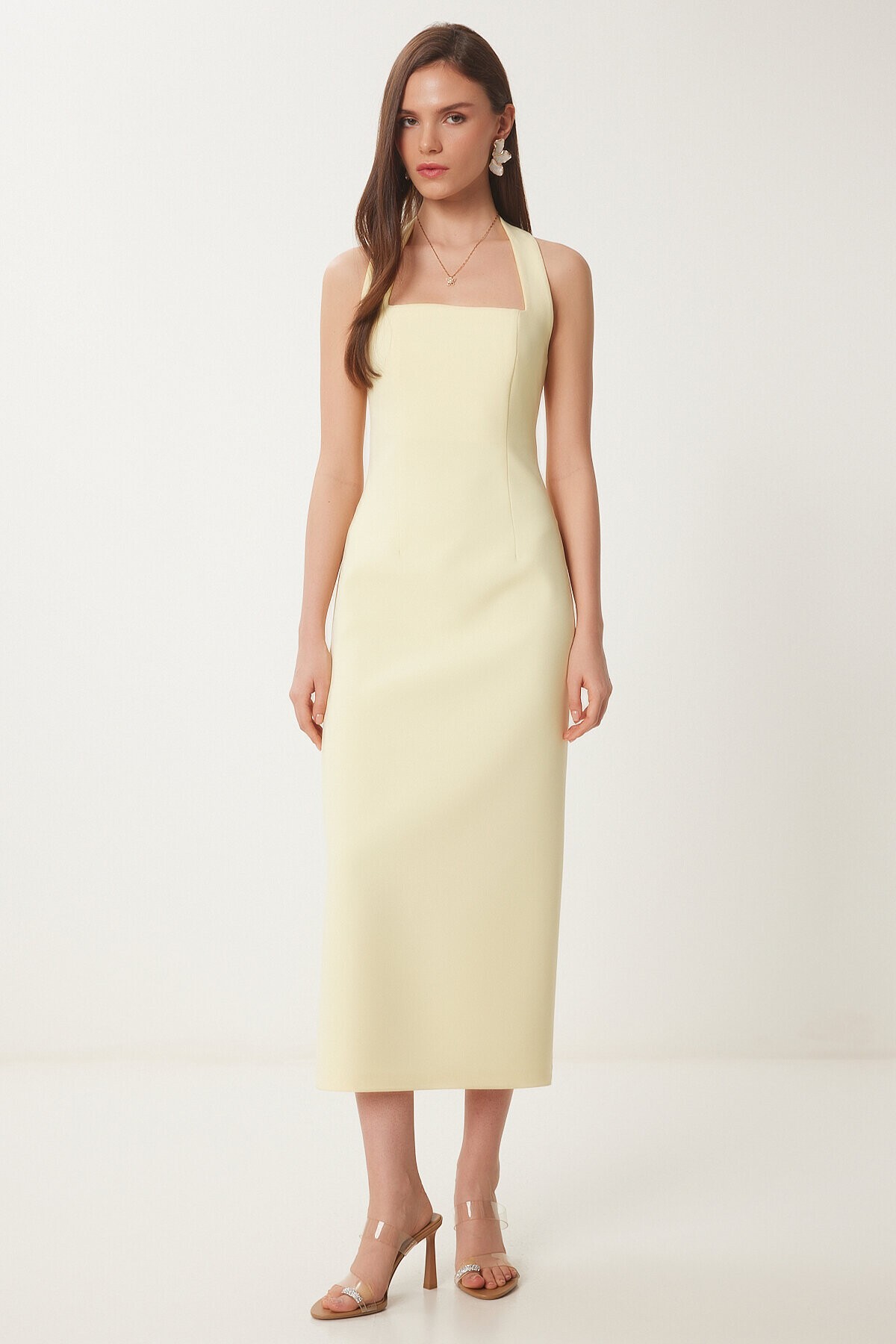 Halter Yaka Midi Dokuma Elbise SARI LFK0005