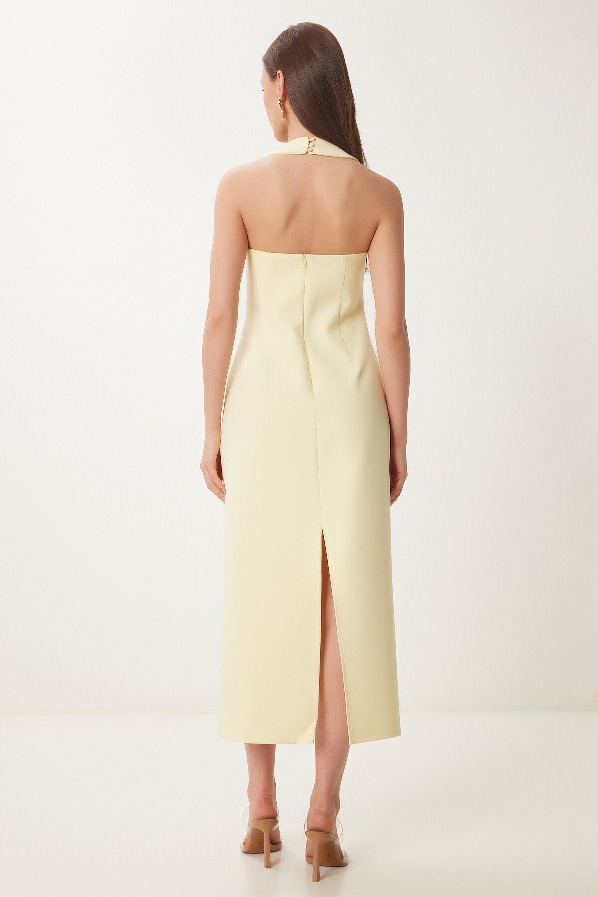 Halter Yaka Midi Dokuma Elbise SARI LFK0005