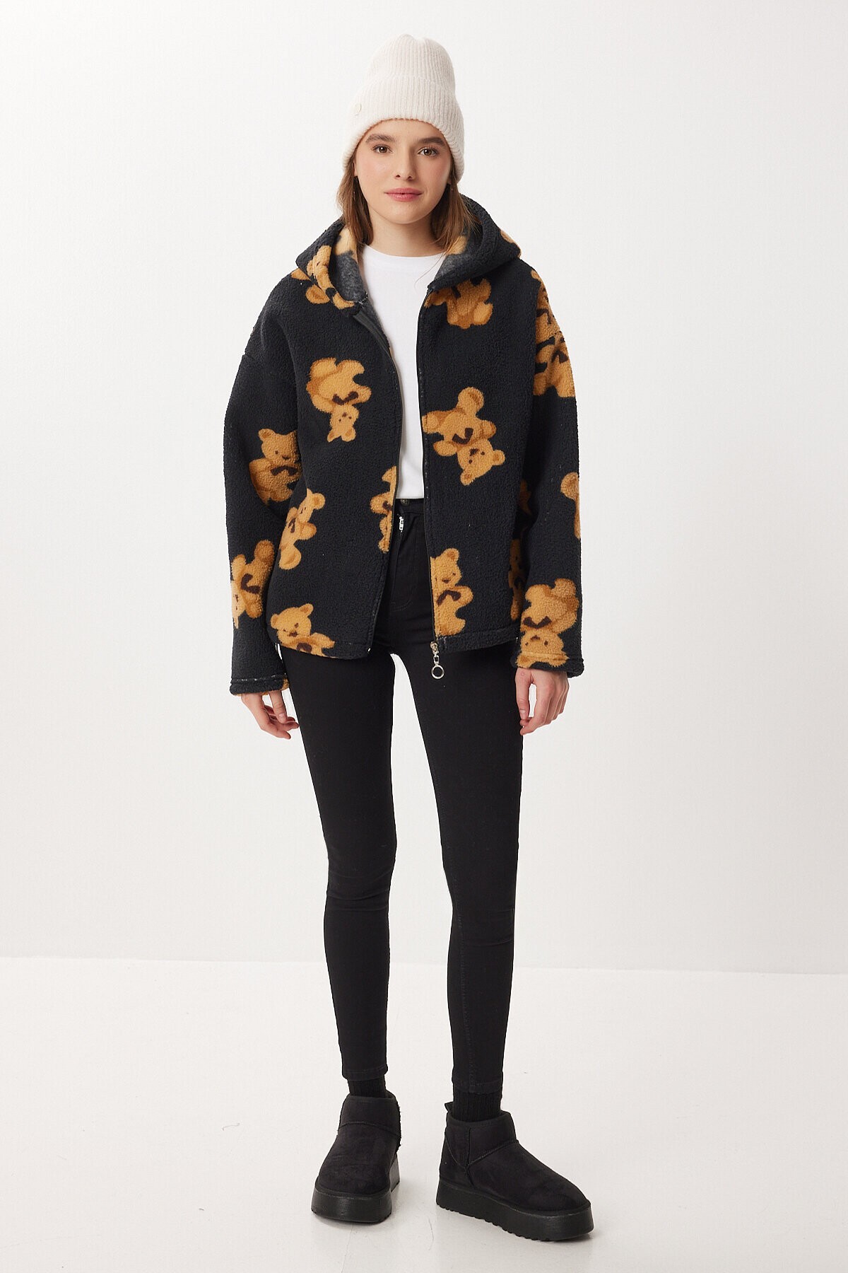 Kapüşonlu Ayıcıklı Oversize Polar Sweatshirt SİYAH LCI0065