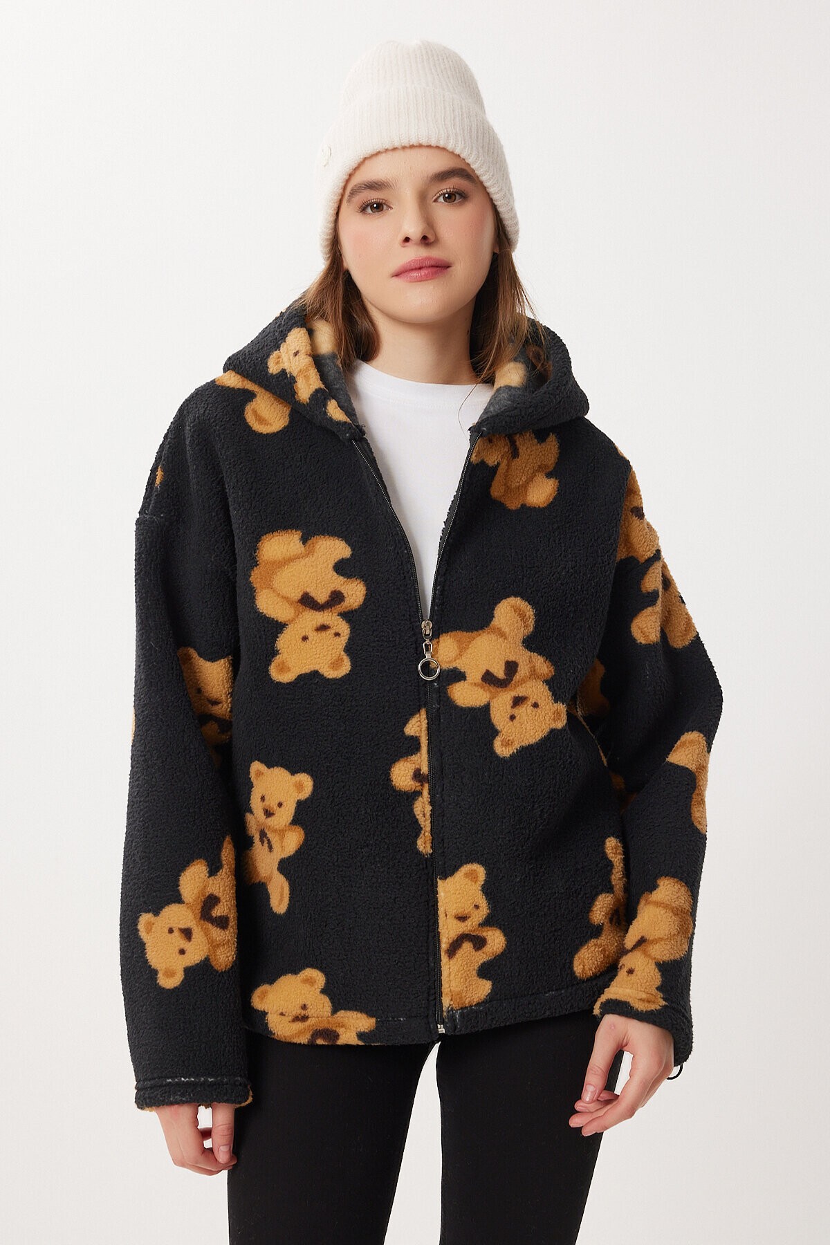 Kapüşonlu Ayıcıklı Oversize Polar Sweatshirt SİYAH LCI0065