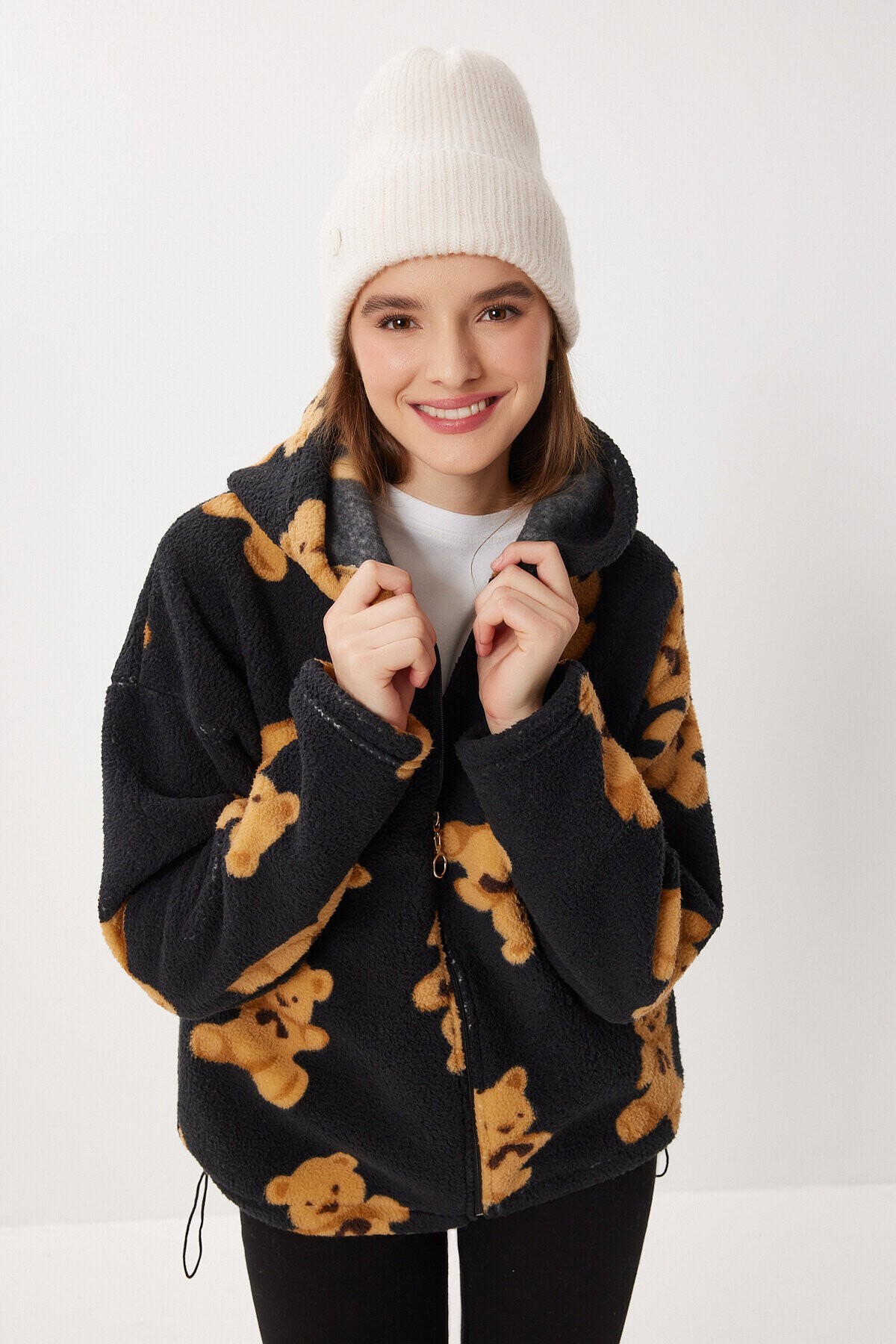 Kapüşonlu Ayıcıklı Oversize Polar Sweatshirt SİYAH LCI0065