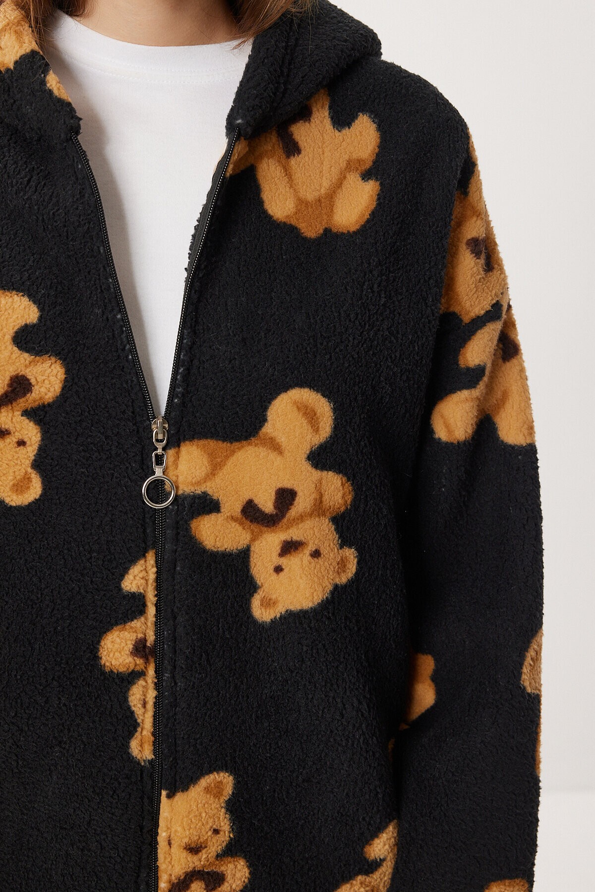 Kapüşonlu Ayıcıklı Oversize Polar Sweatshirt SİYAH LCI0065