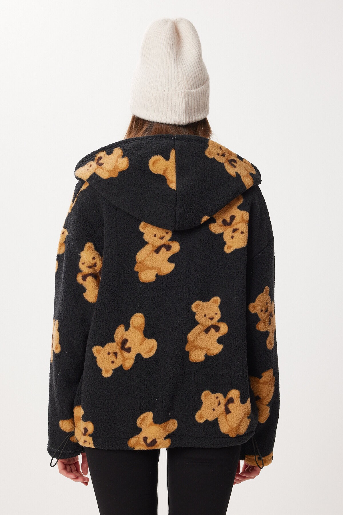 Kapüşonlu Ayıcıklı Oversize Polar Sweatshirt SİYAH LCI0065