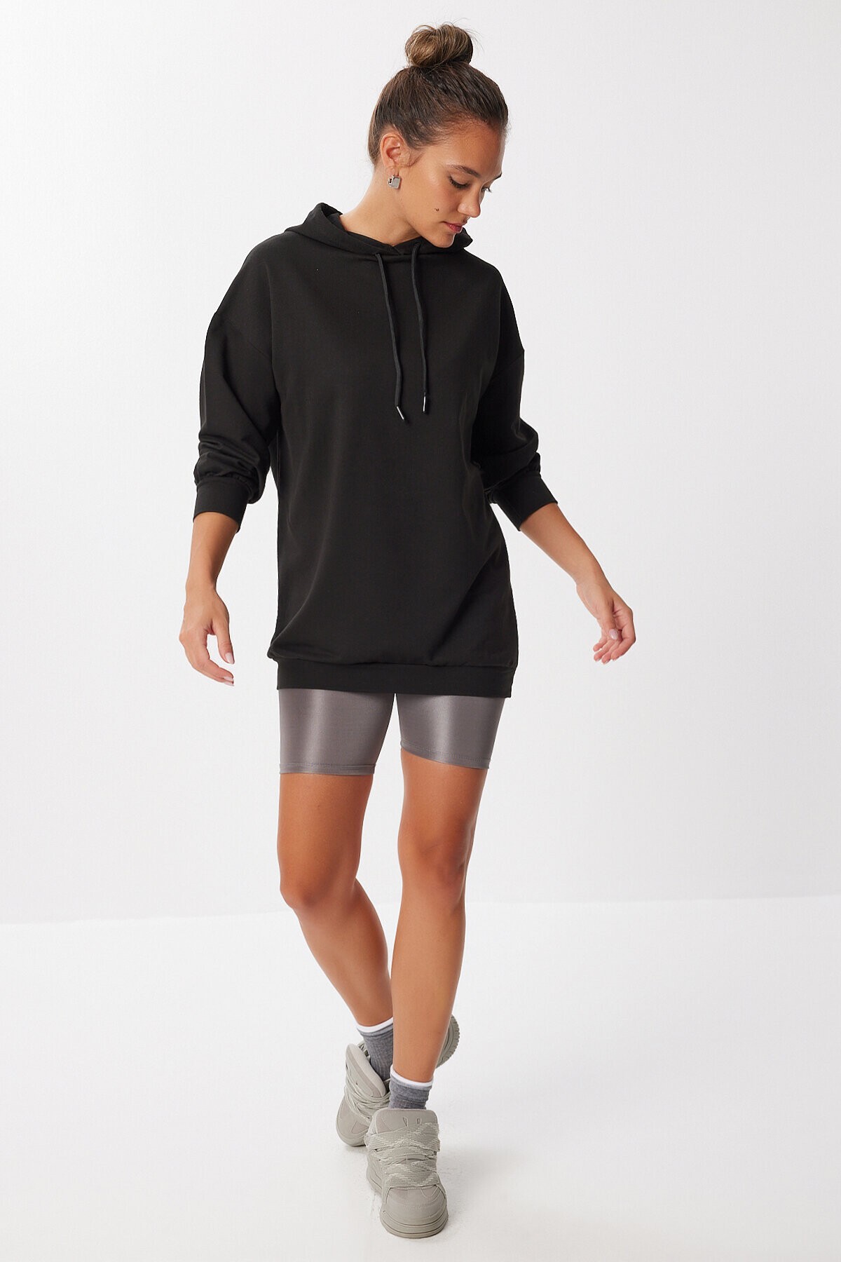 Kapüşonlu Oversize Mevsimlik Örme Sweatshirt SİYAH LEN0029