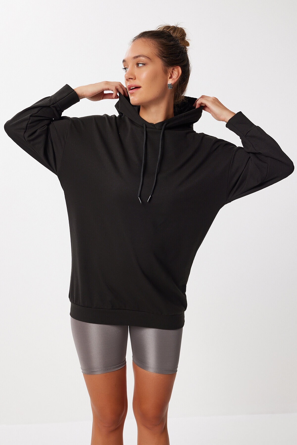 Kapüşonlu Oversize Mevsimlik Örme Sweatshirt SİYAH LEN0029