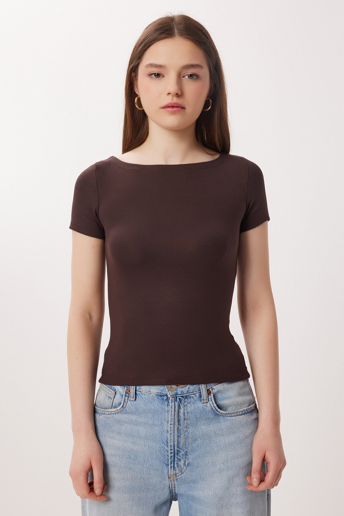 Kayık Yaka Basic Örme Bluz KAHVERENGİ LDZ0065
