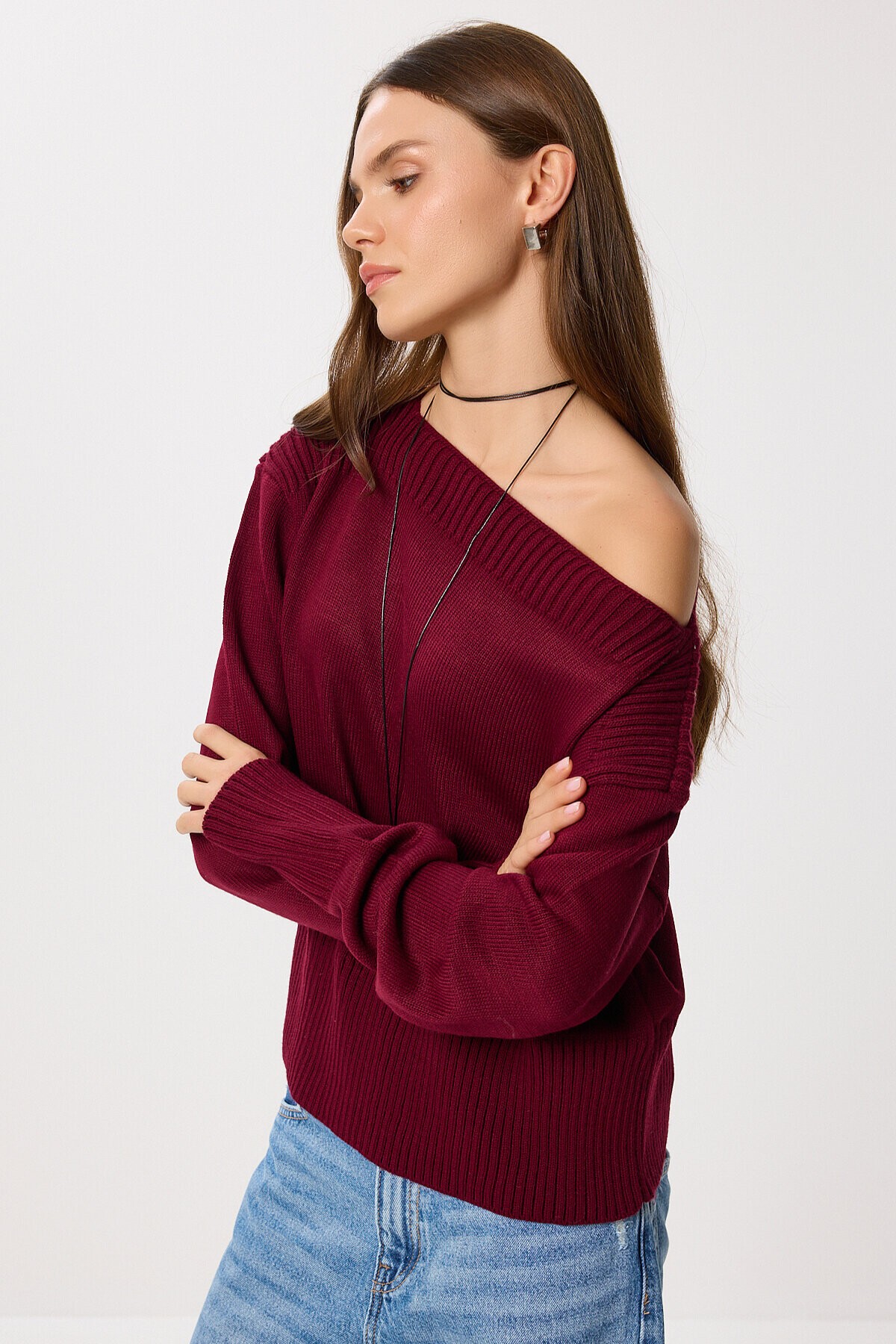 Kayık Yaka Triko Kazak BORDO LDP0080