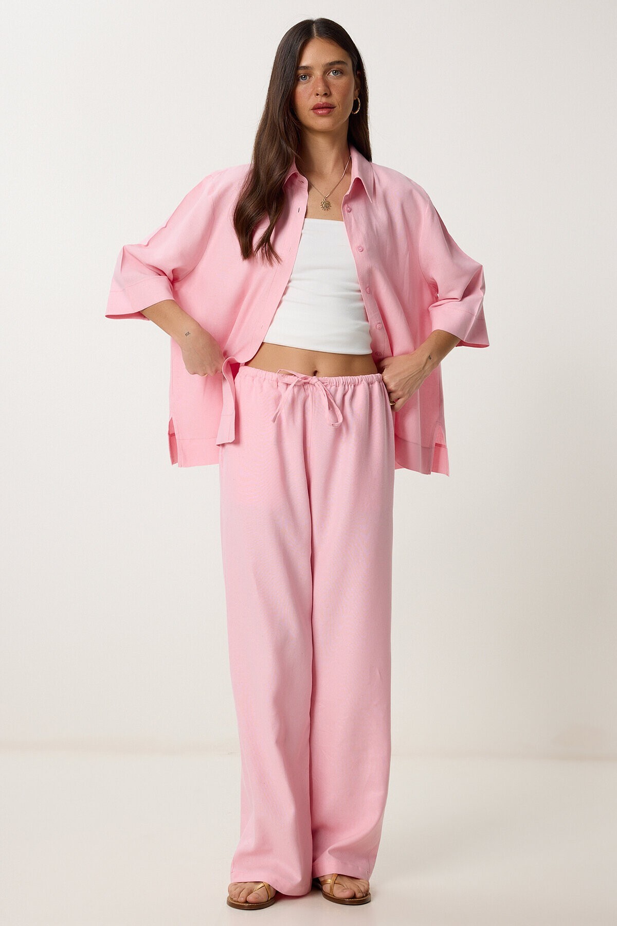 Keten Gömlek Pantolon Takım PEMBE LDP0058