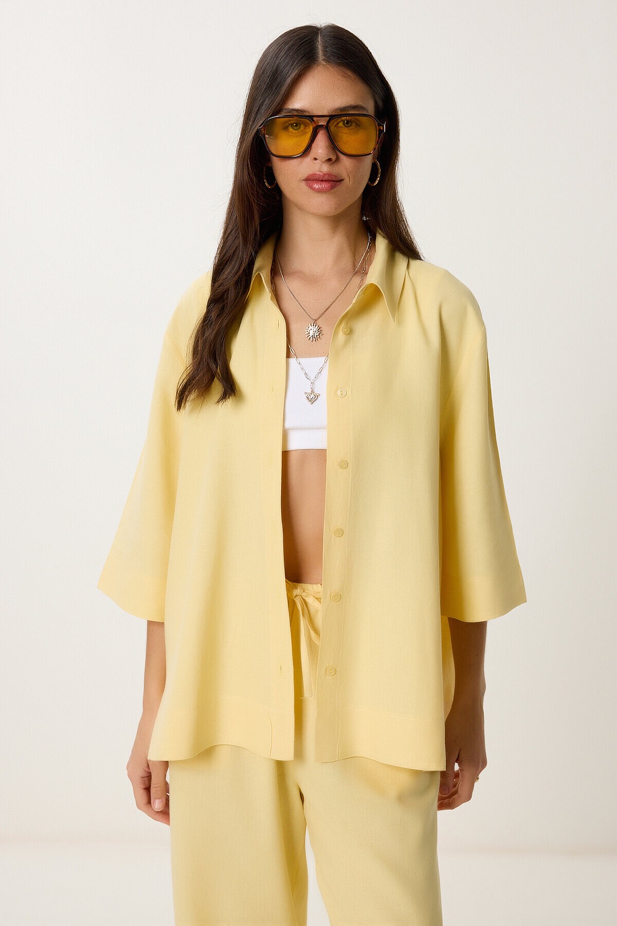 Keten Gömlek Pantolon Takım SARI LDP0058
