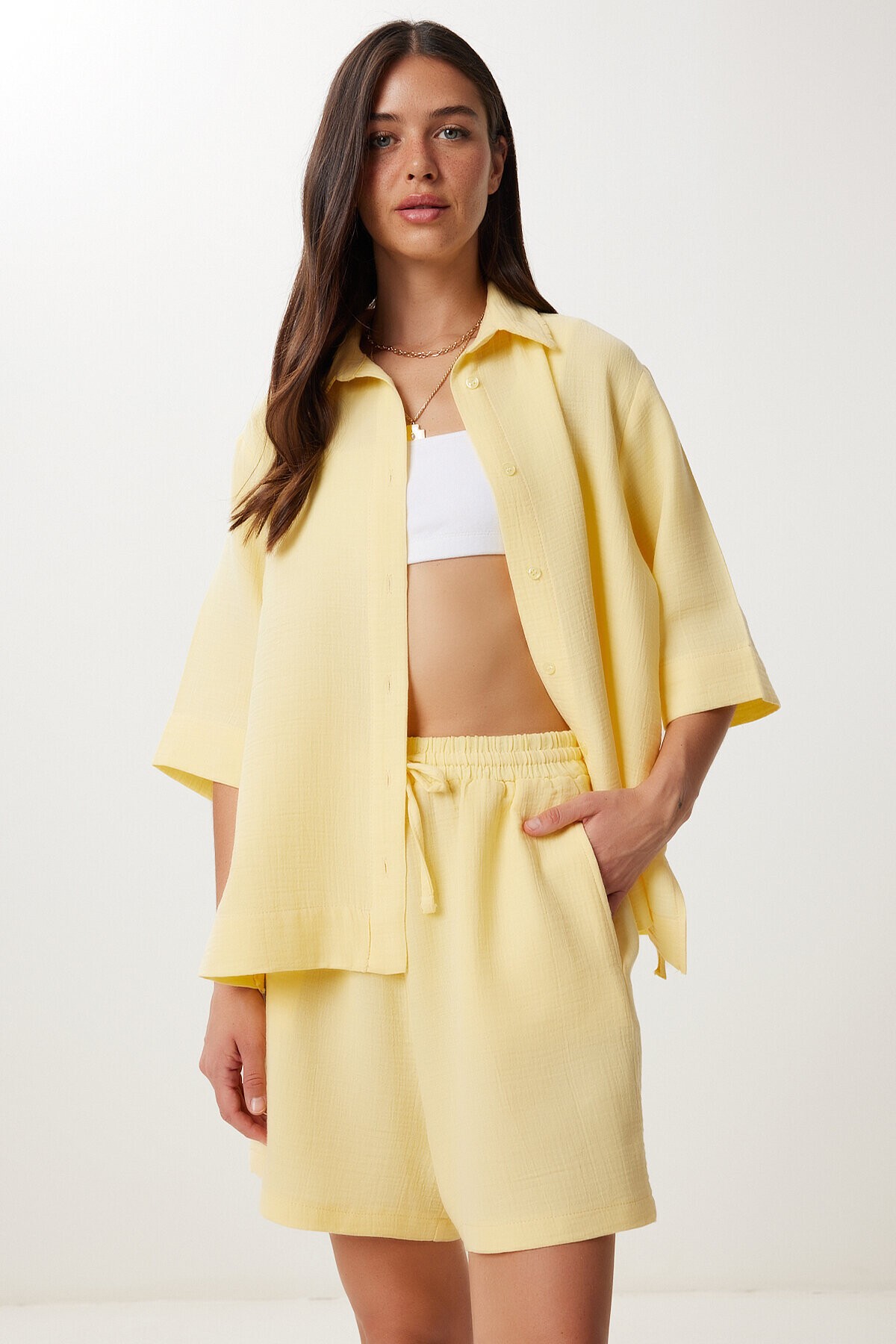 Müslin Gömlek Şort Takım SARI LDP0064