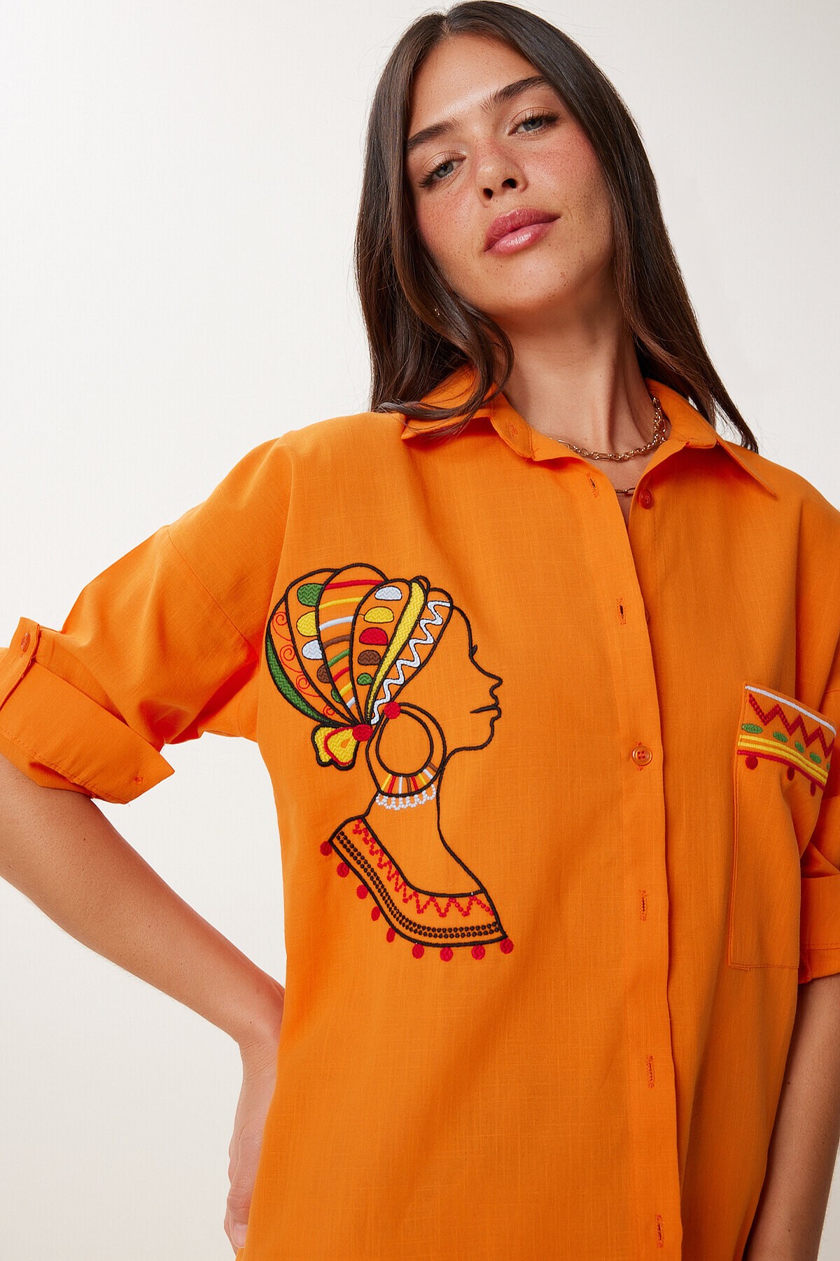 Nakış Detaylı Oversize Keten Gömlek ORANJ LDE0007