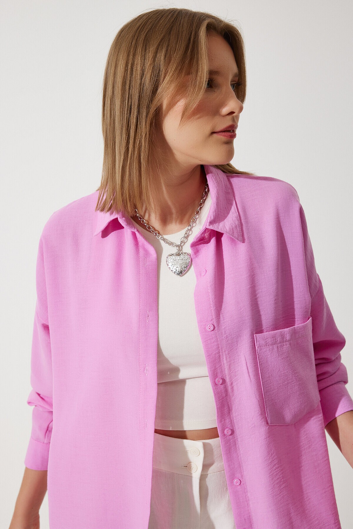 Oversize Basic Keten Ayrobin Gömlek AÇIK PEMBE LDD0009