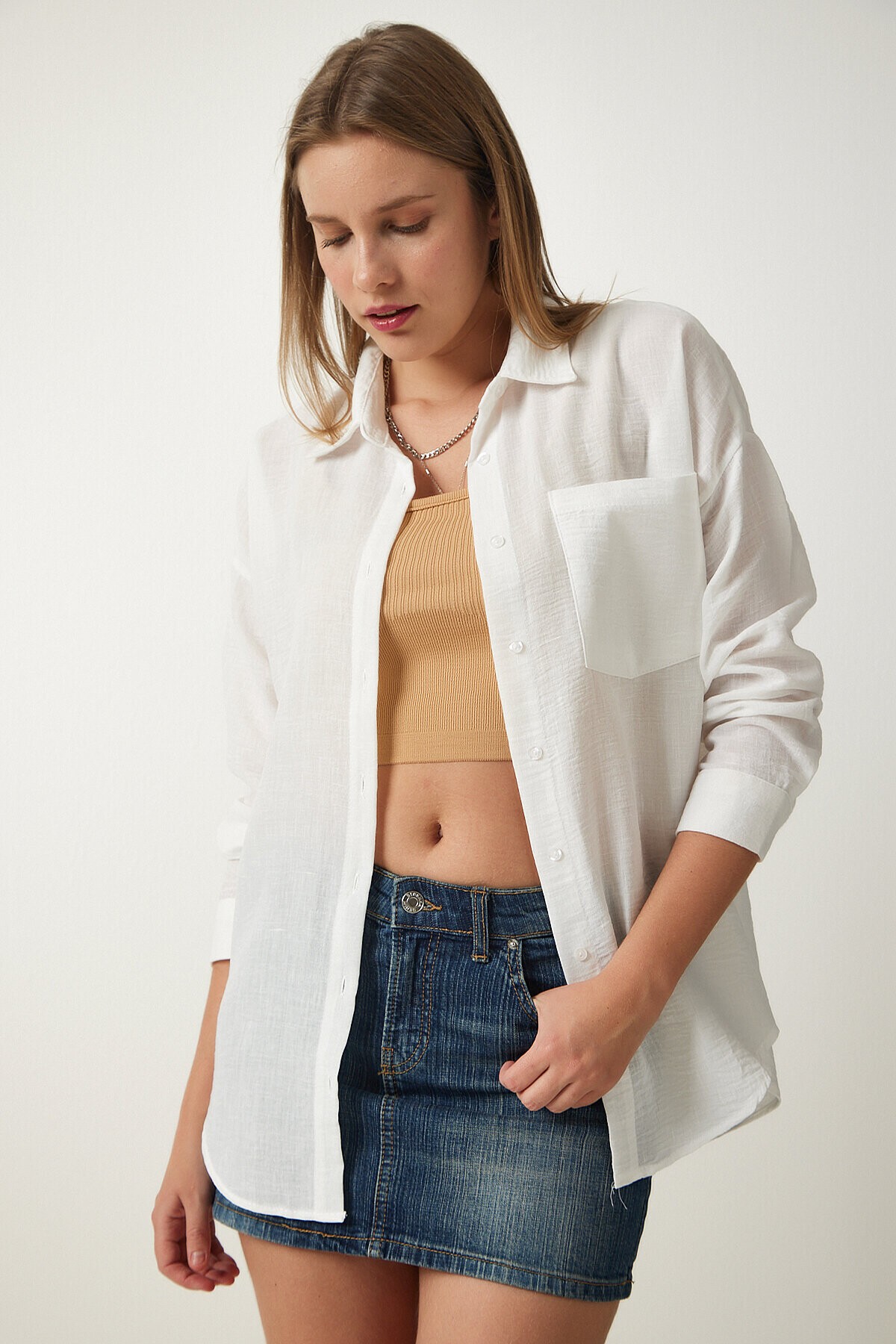 Oversize Basic Keten Ayrobin Gömlek BEYAZ LDD0009
