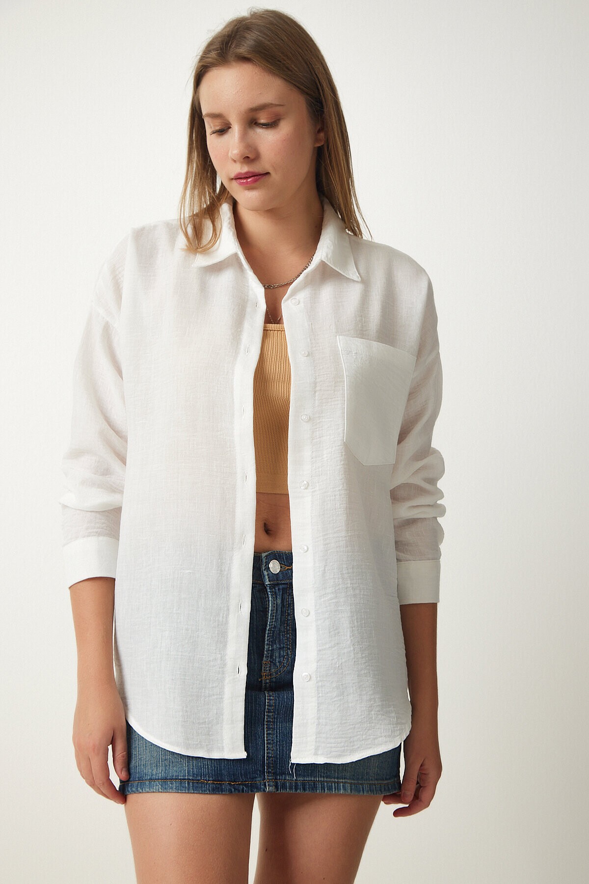 Oversize Basic Keten Ayrobin Gömlek BEYAZ LDD0009