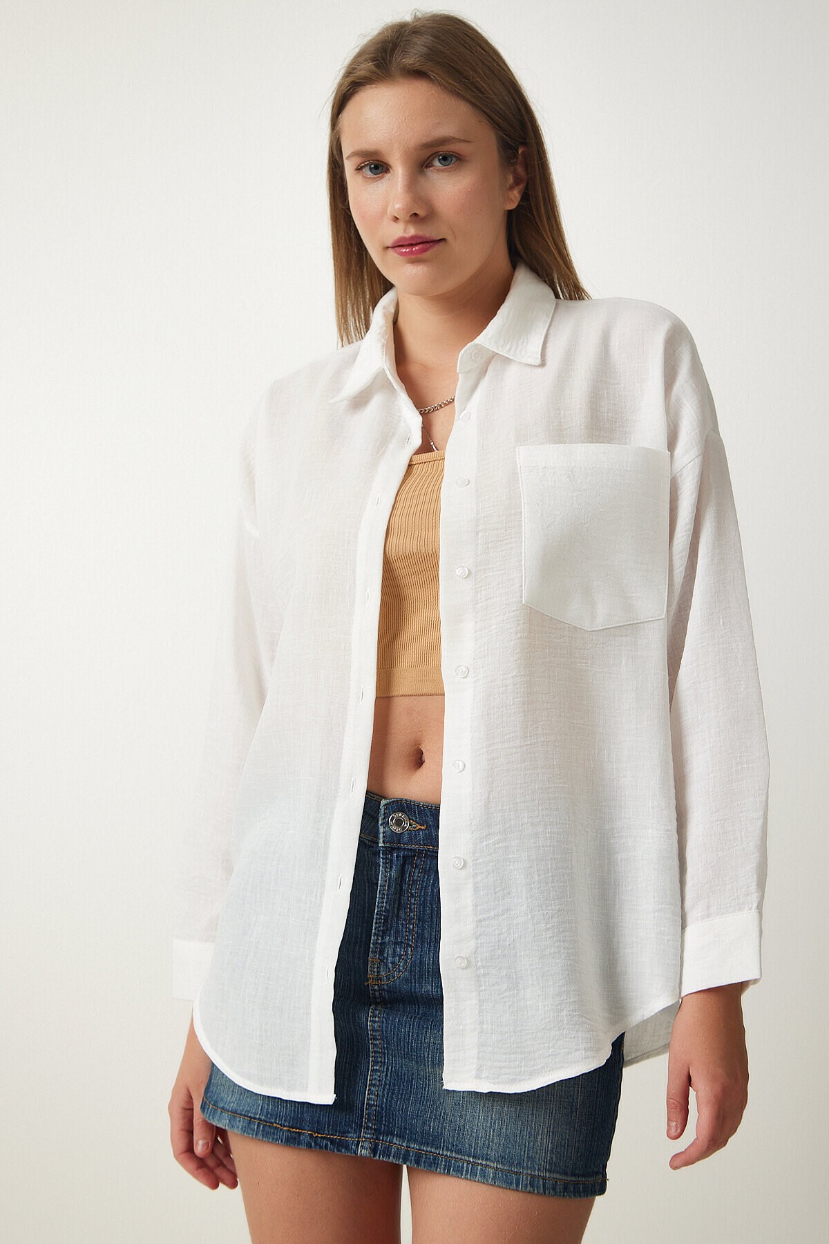 Oversize Basic Keten Ayrobin Gömlek BEYAZ LDD0009