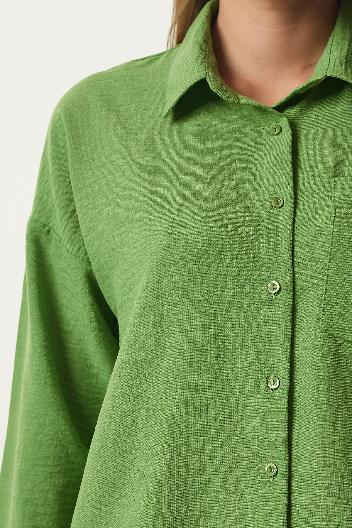 Oversize Basic Keten Ayrobin Gömlek KOYU ÇAĞLA YEŞİLİ LDD0009