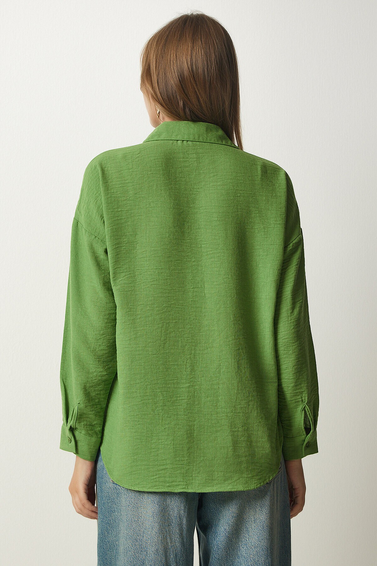 Oversize Basic Keten Ayrobin Gömlek KOYU ÇAĞLA YEŞİLİ LDD0009