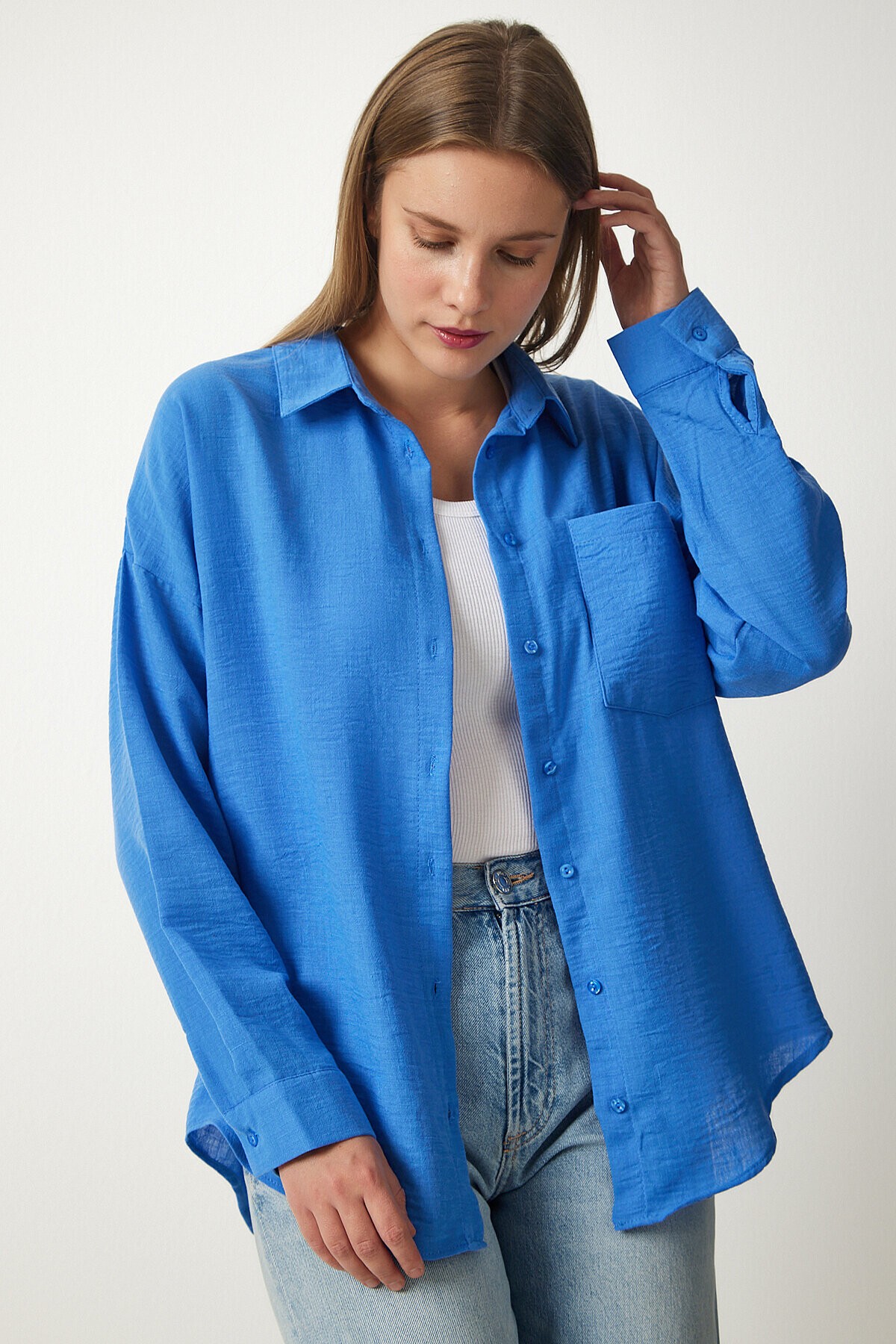 Oversize Basic Keten Ayrobin Gömlek MAVİ LDD0009
