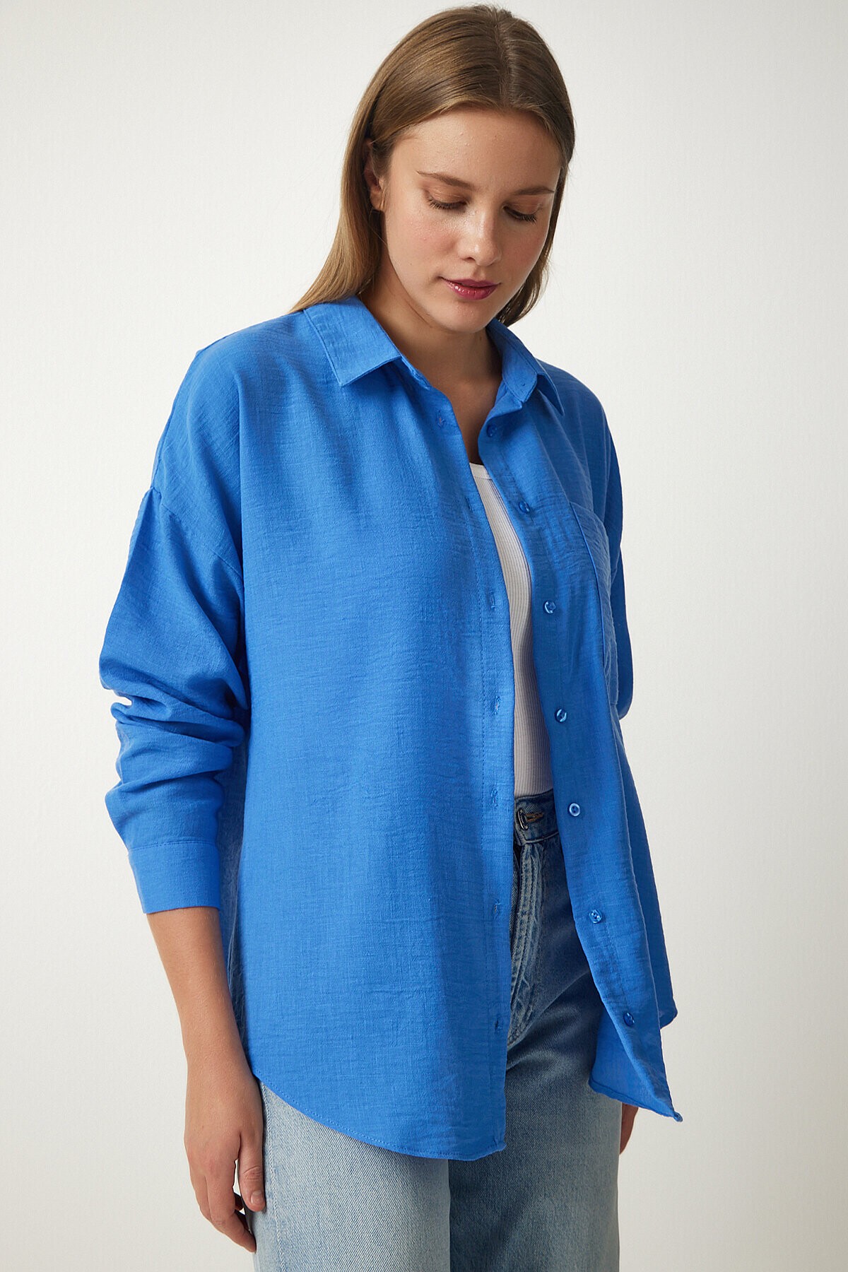Oversize Basic Keten Ayrobin Gömlek MAVİ LDD0009
