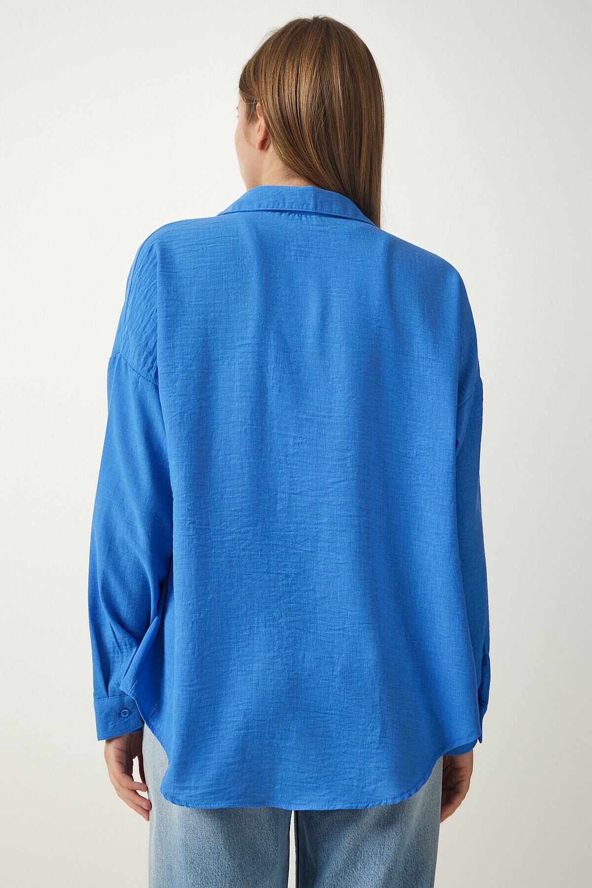 Oversize Basic Keten Ayrobin Gömlek MAVİ LDD0009