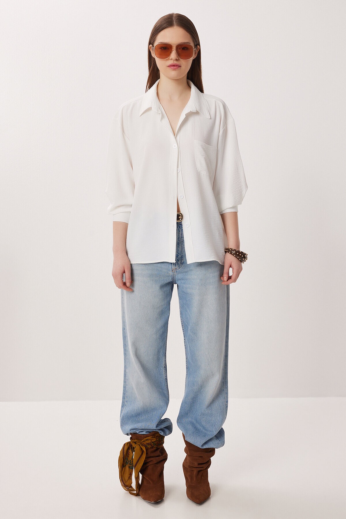 Oversize Cepli Dokuma Gömlek EKRU LDZ0063