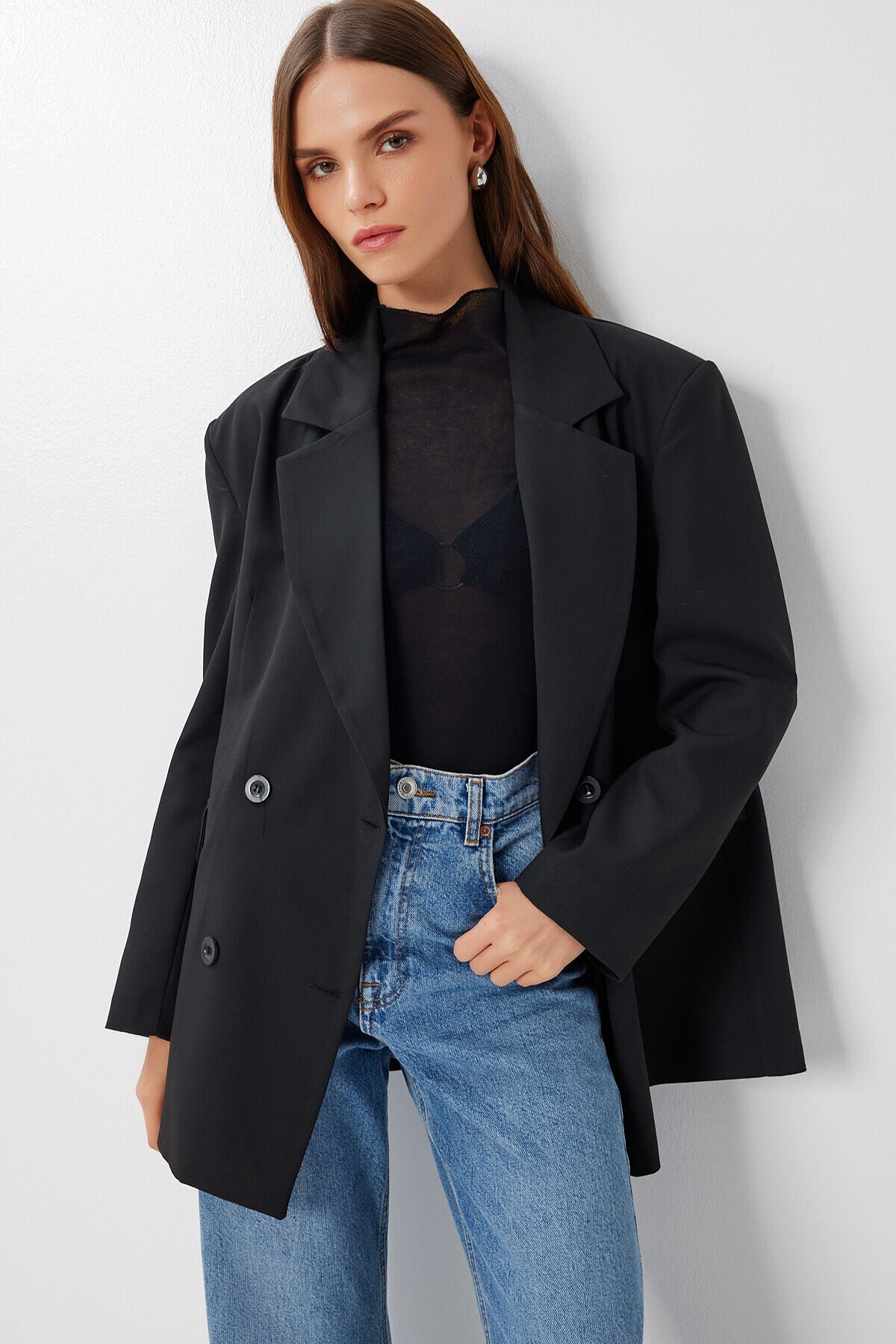 Oversize Vatkalı Dokuma Ceket SİYAH LDW0006