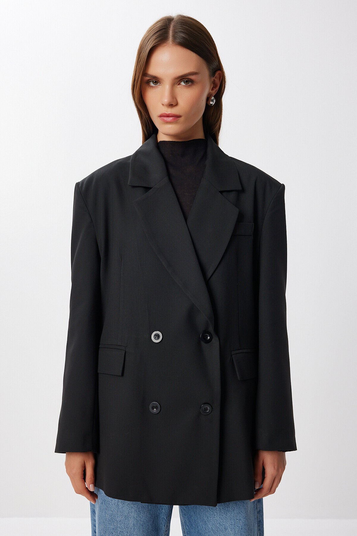 Oversize Vatkalı Dokuma Ceket SİYAH LDW0006