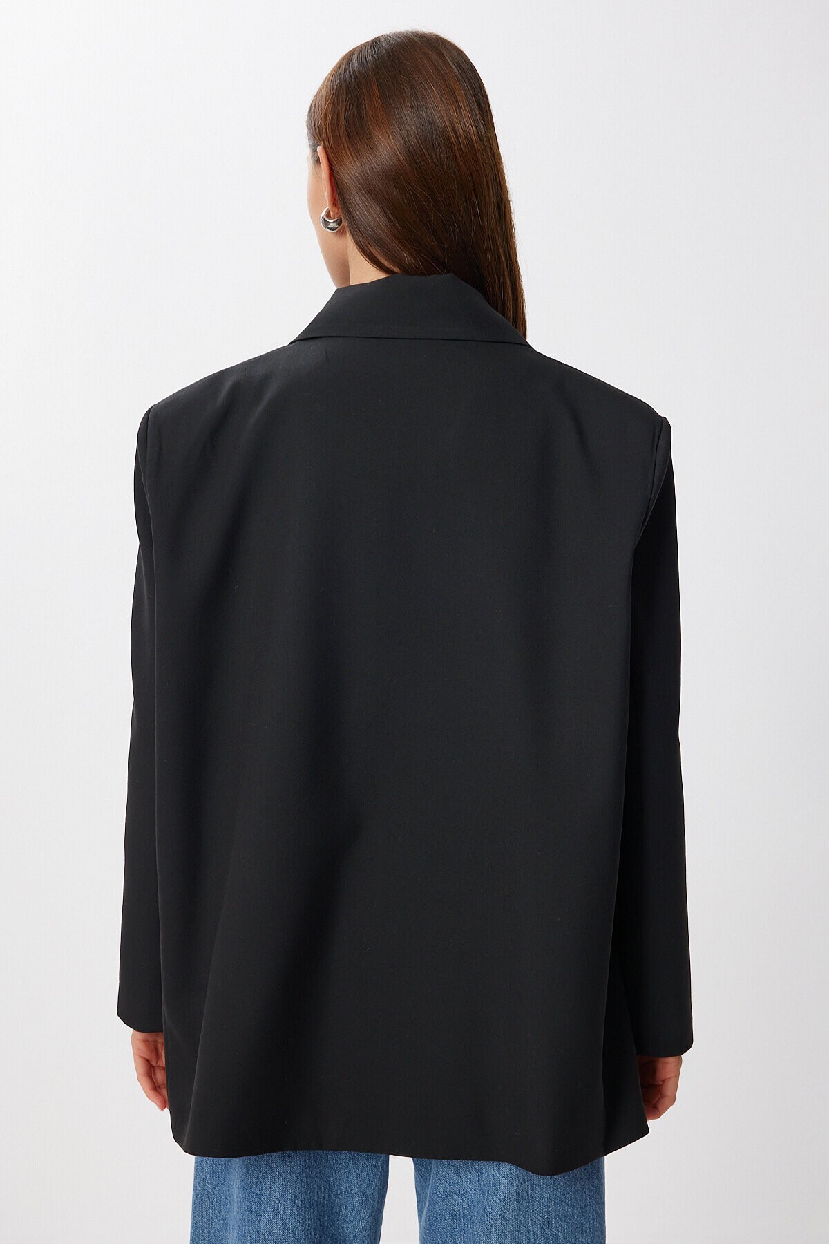 Oversize Vatkalı Dokuma Ceket SİYAH LDW0006