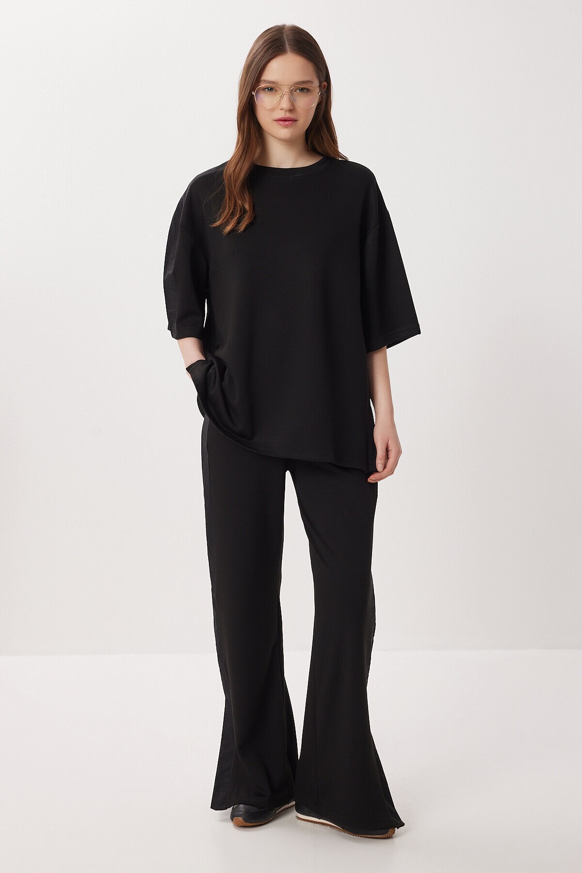 Oversize Yırtmaçlı Paraşüt Garnili Modal Takım SİYAH LBY0043