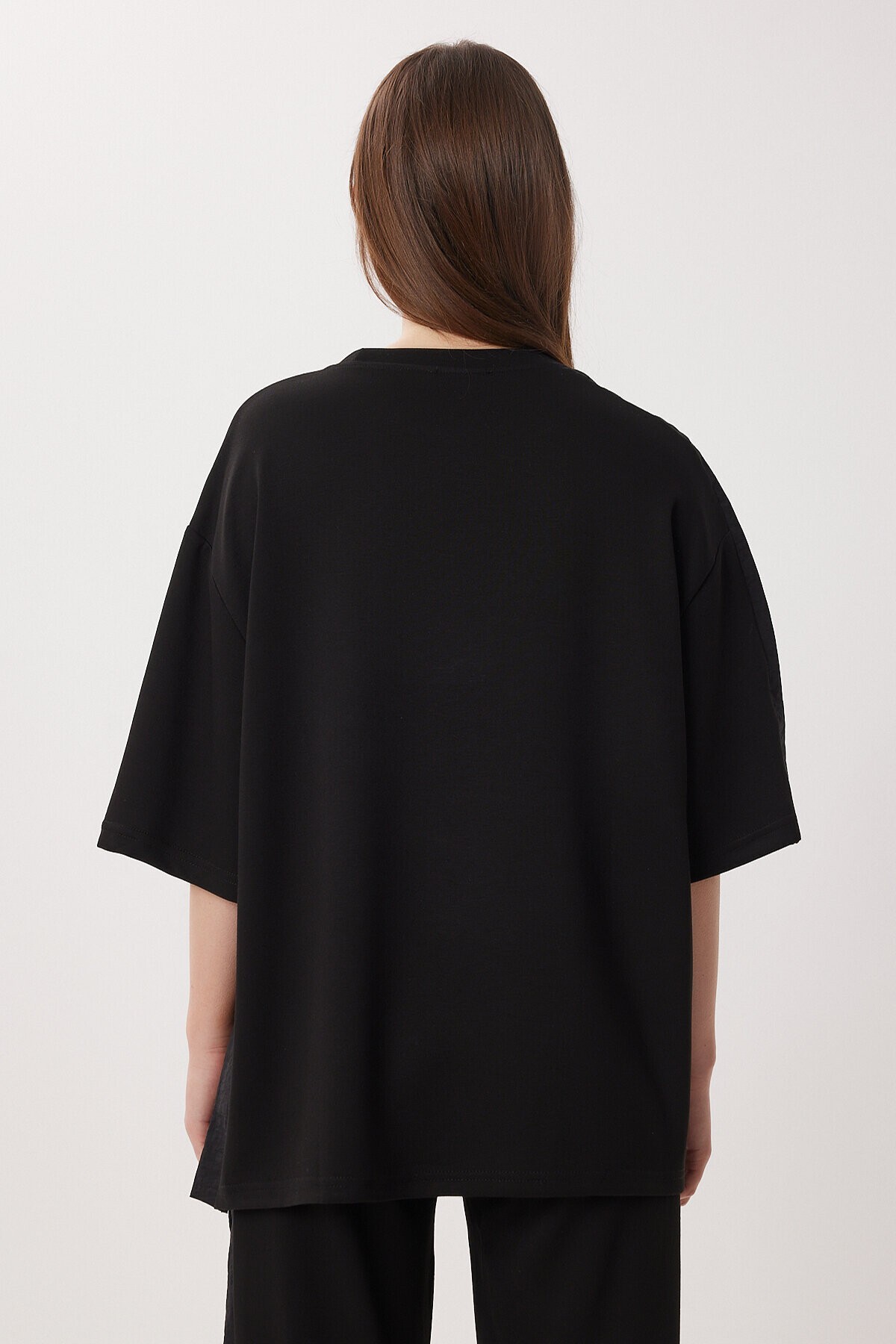 Oversize Yırtmaçlı Paraşüt Garnili Modal Takım SİYAH LBY0043