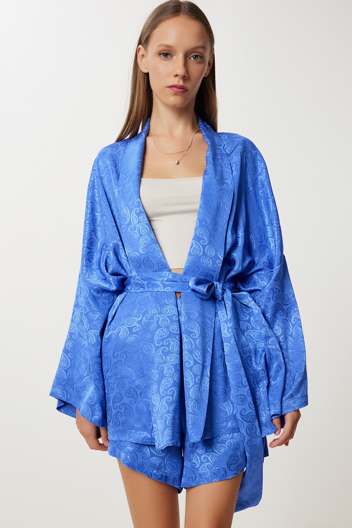 Saten Yüzeyli Kimono Şort Takım MOR LFG0099