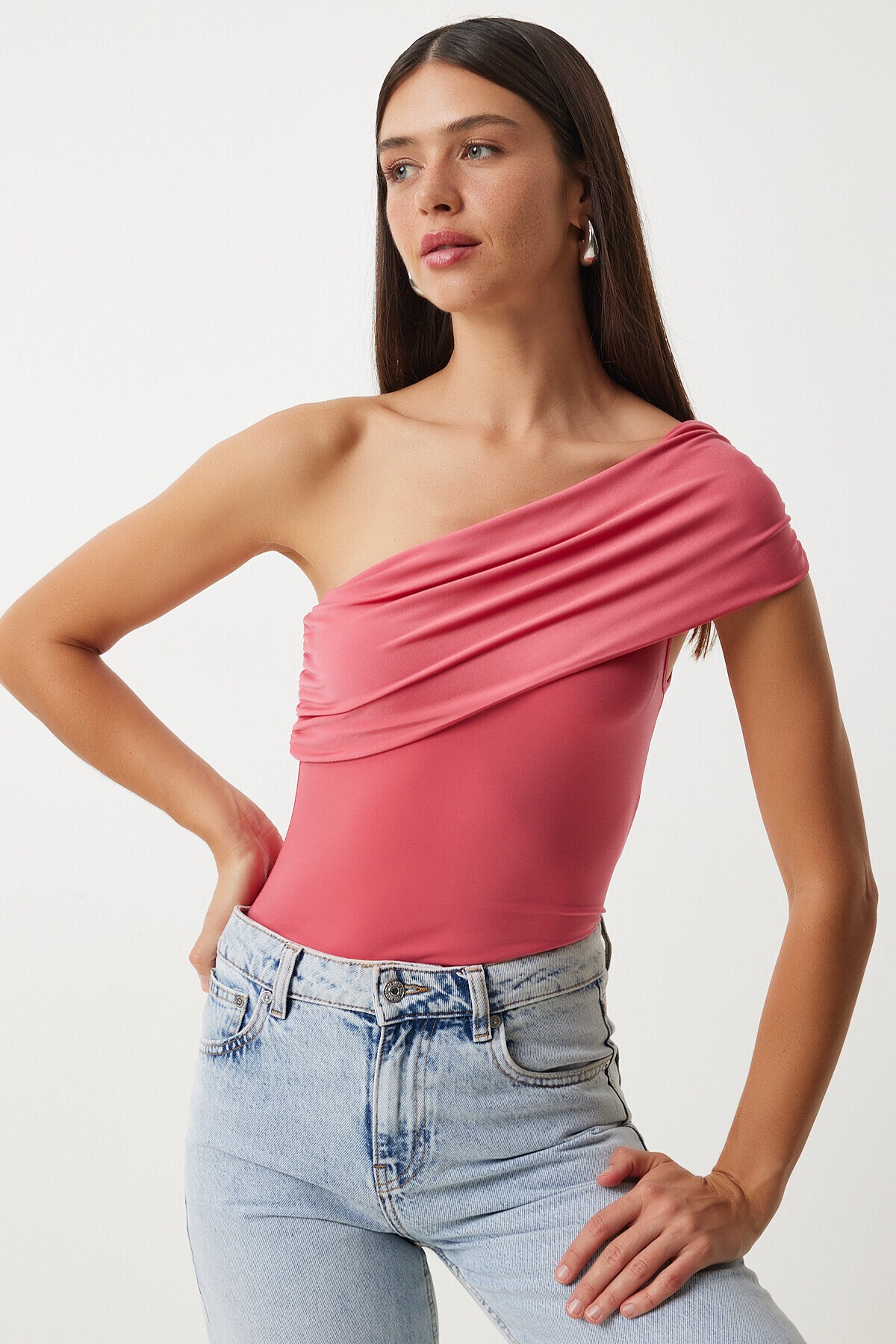 Tek Omuz Büzgülü Örme Bluz 325 ŞEKER PEMBE LDZ0003