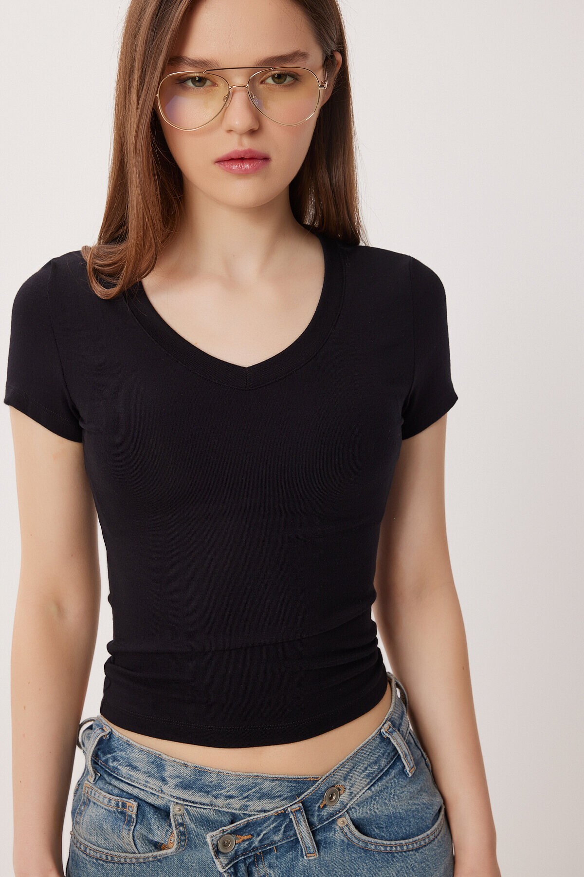 V Yaka Basic Örme T-shirt SİYAH LDZ0069