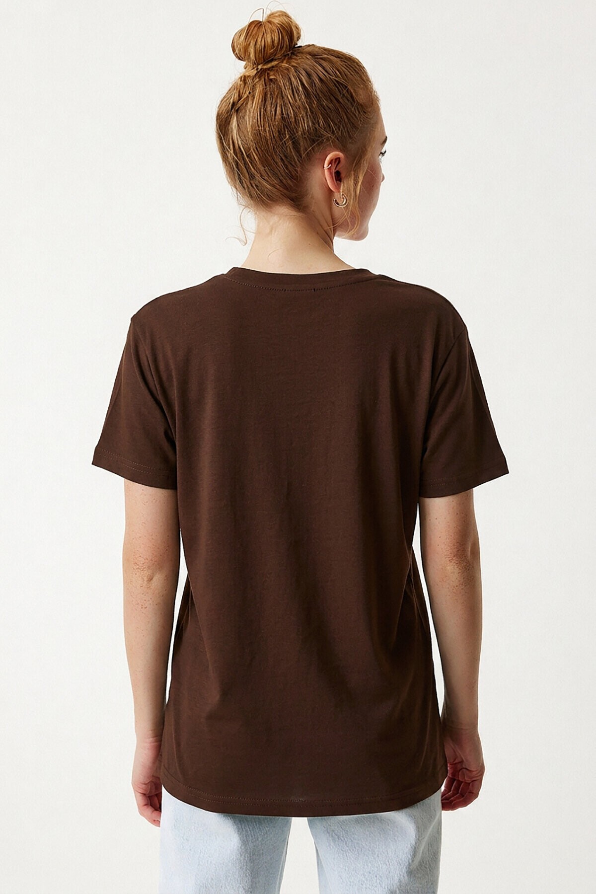 V Yaka Basic Viskon T-shirt KAHVERENGİ LEN0001
