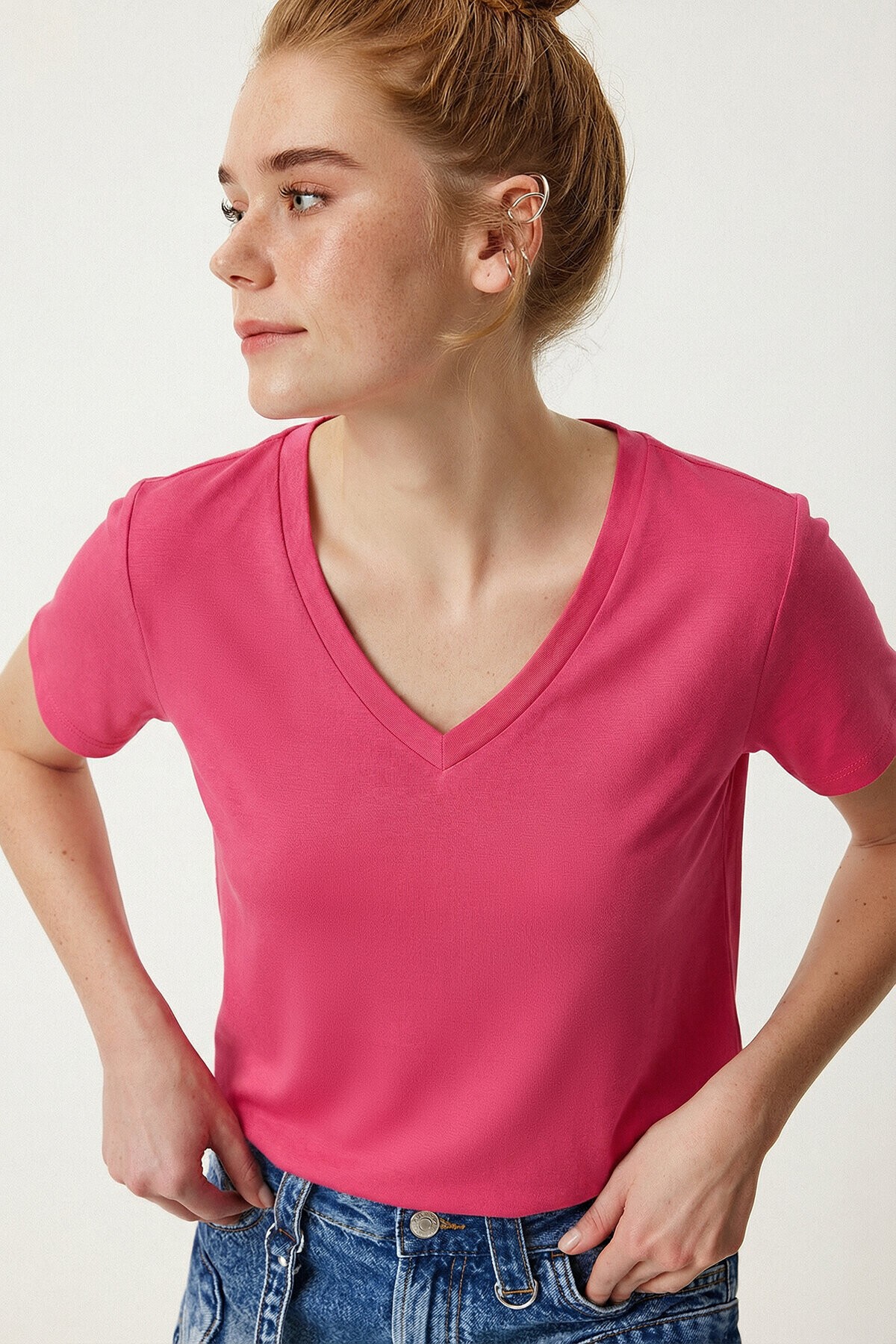 V Yaka Basic Viskon T-shirt KOYU PEMBE LEN0001