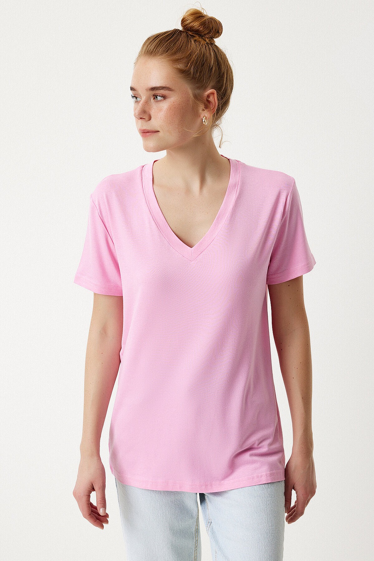 V Yaka Basic Viskon T-shirt PEMBE LEN0001