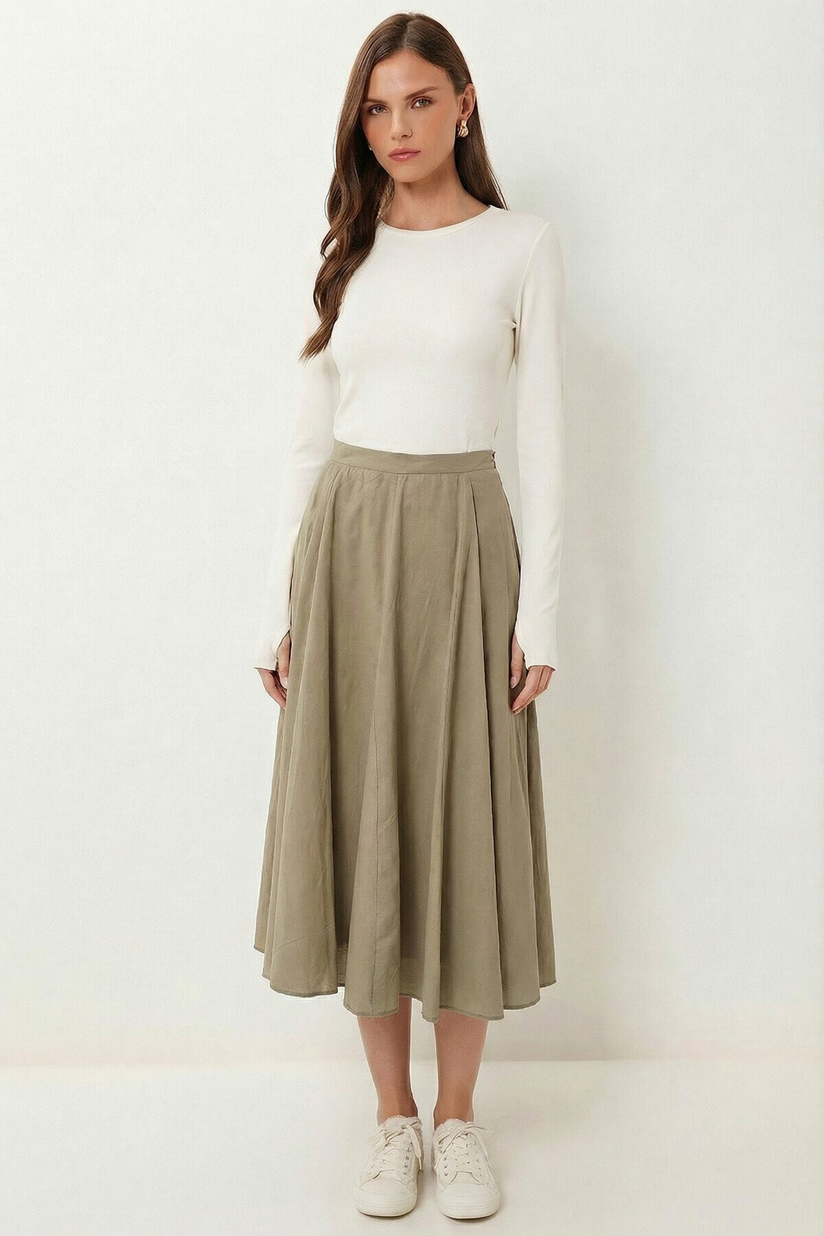Yazlık Kloş Midi Dokuma Etek ZEYTİN YEŞİLİ LCR0110